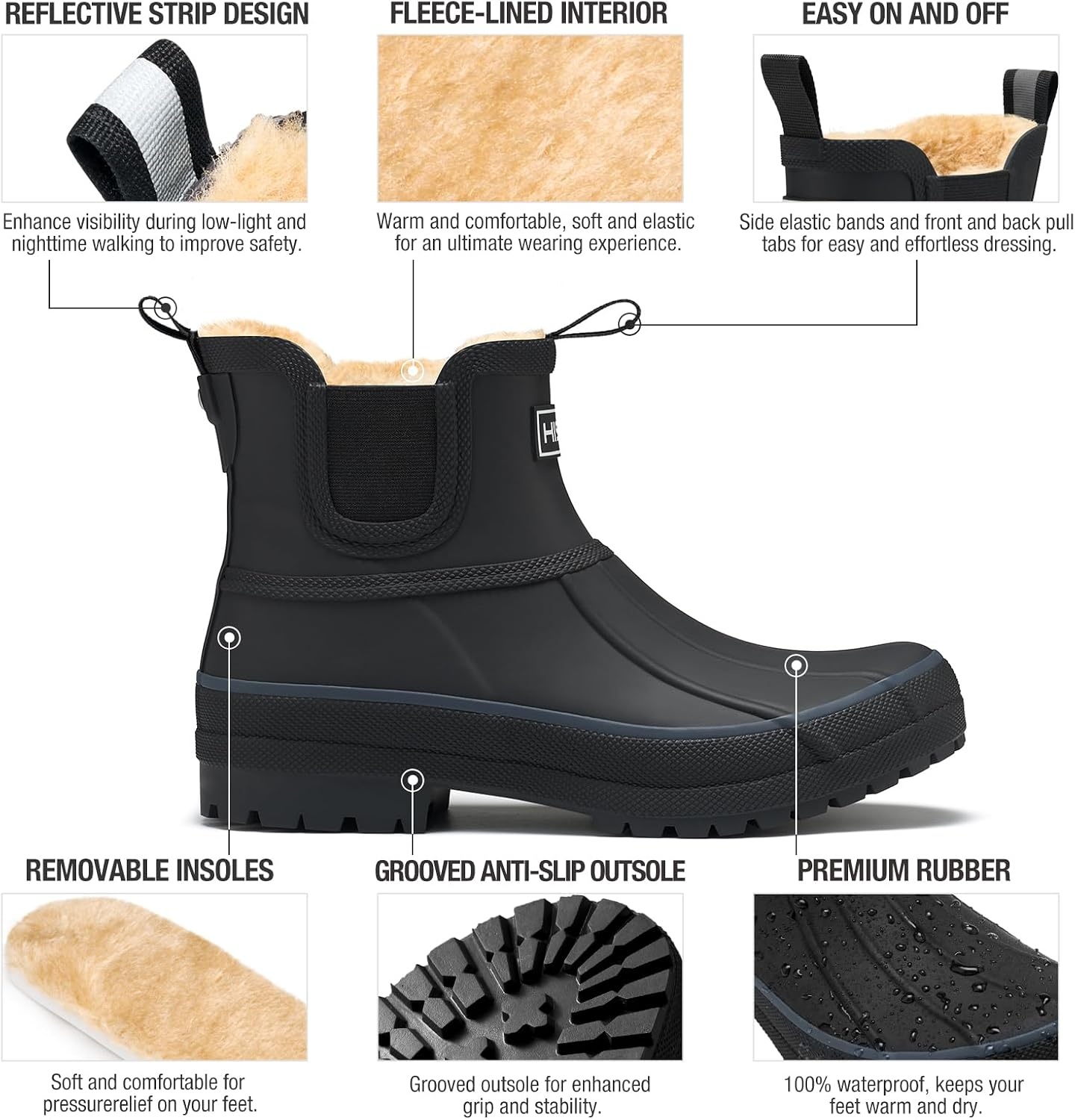 image:imageHISEA Womens Saltwater Winter Rain Boots Waterproof Duck Chelsea Lined Outdoor Garden BootBlack