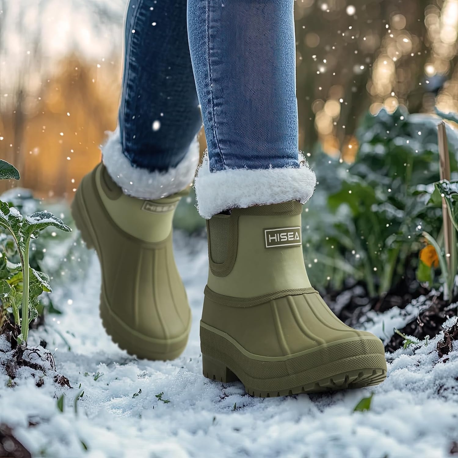 image:imageHISEA Womens Saltwater Winter Rain Boots Waterproof Duck Chelsea Lined Outdoor Garden BootOlive Green