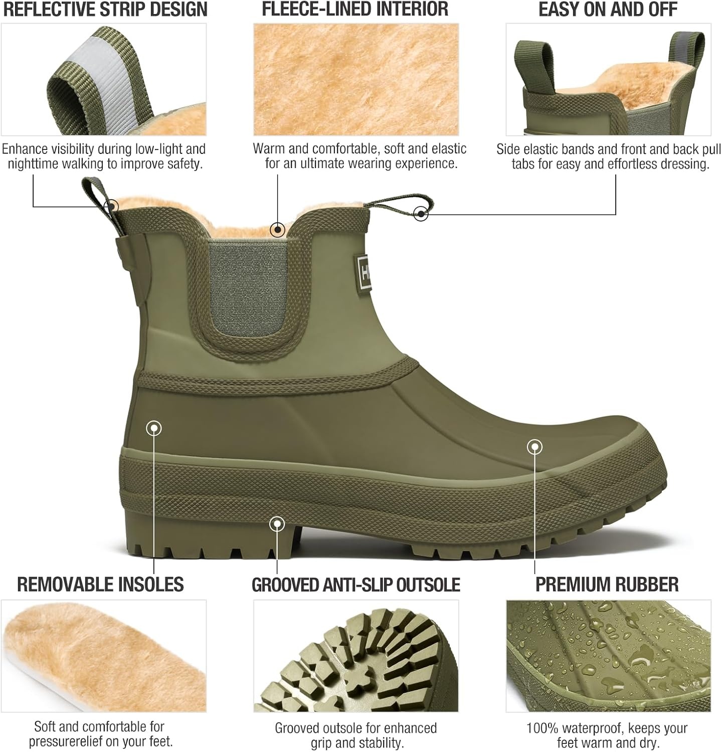 image:imageHISEA Womens Saltwater Winter Rain Boots Waterproof Duck Chelsea Lined Outdoor Garden BootOlive Green