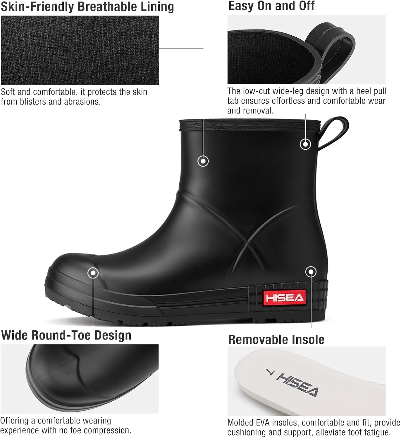 image:imageHISEA Womens Short Chelsea Boots Ankle Rubber Rain Boots for Garden WaterproofBlack