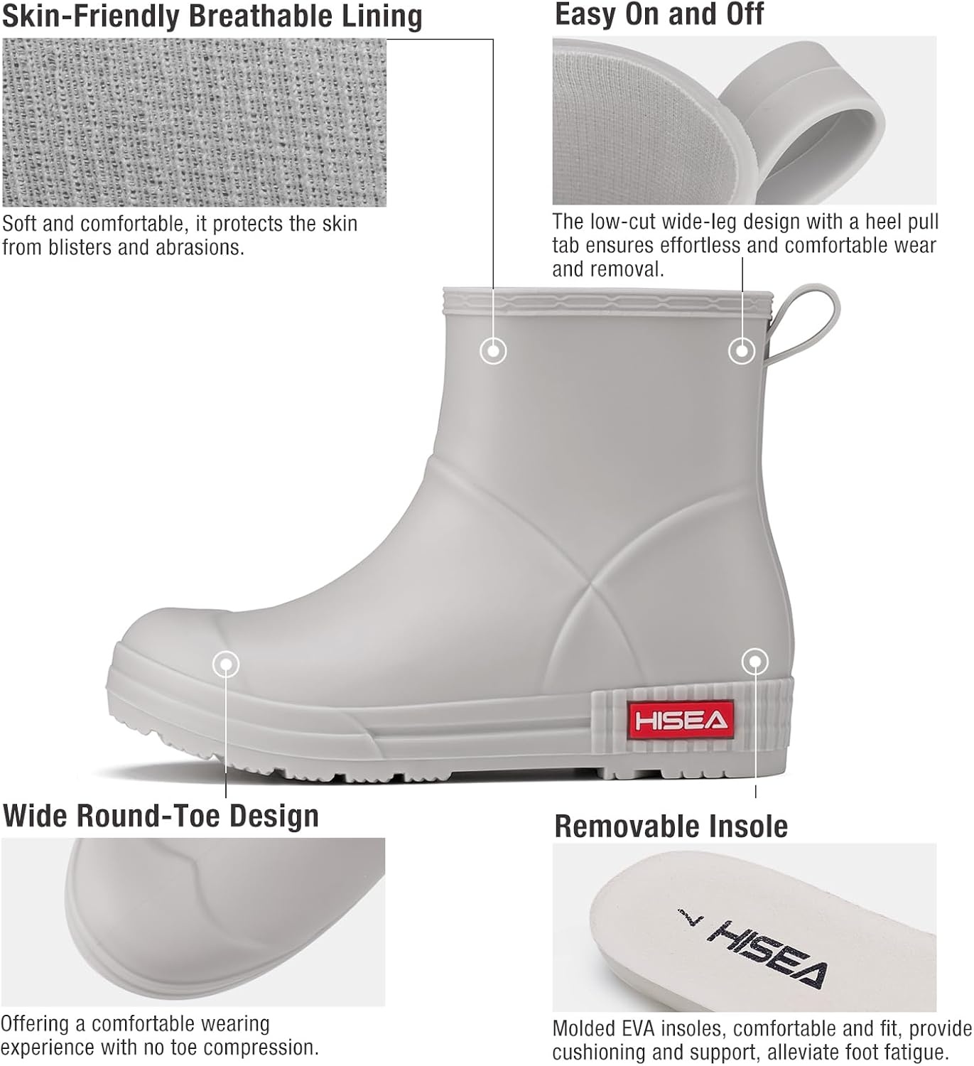 image:imageHISEA Womens Short Chelsea Boots Ankle Rubber Rain Boots for Garden WaterproofGrey