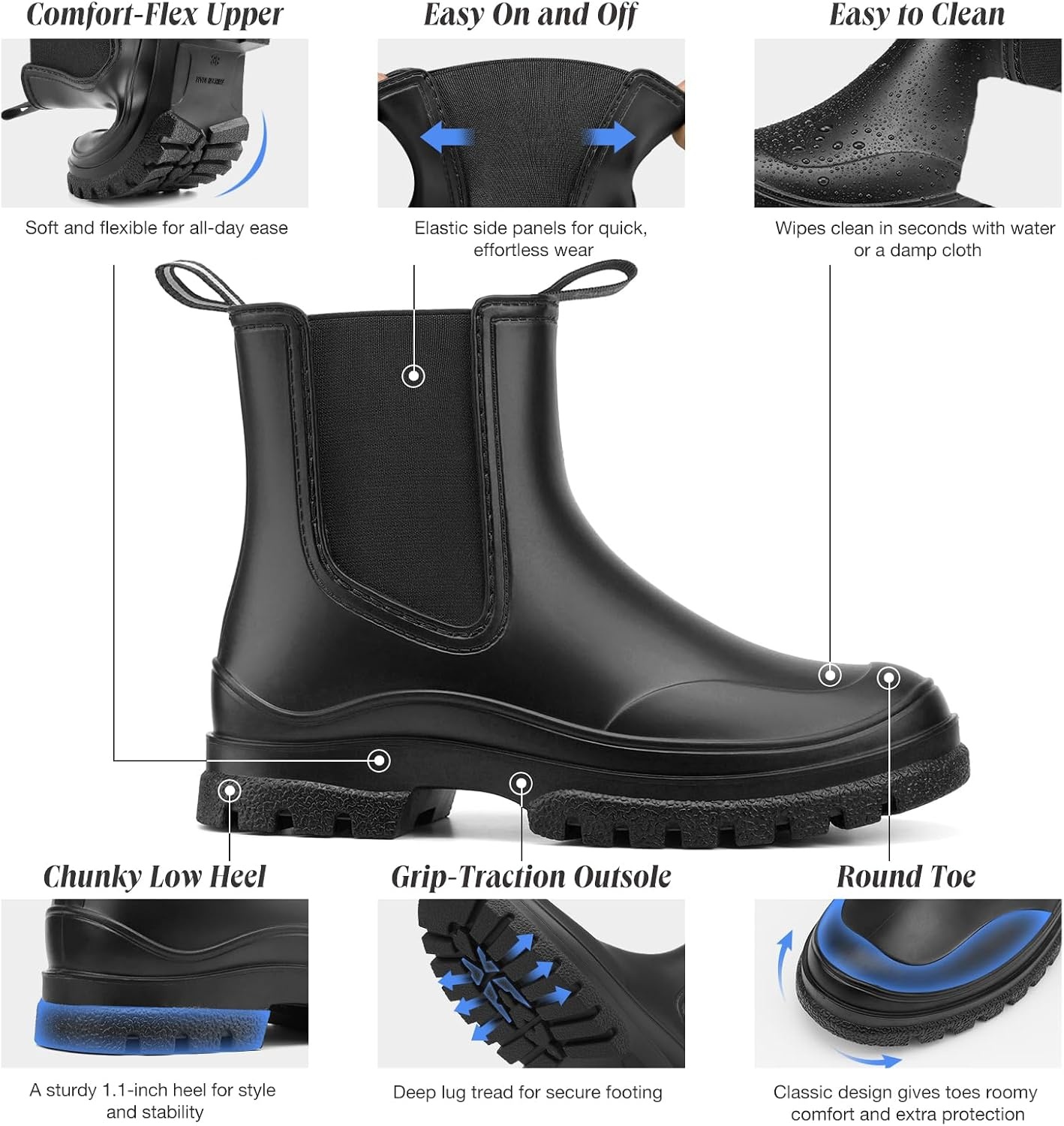 image:imageHISEA Womens Short Rain Boots Lightweight Waterproof Chelsea Garden Shoes SlipOn Ankle Booties for Farming Yard amp Mud NonSlip Outdoor Working ShoesBlack