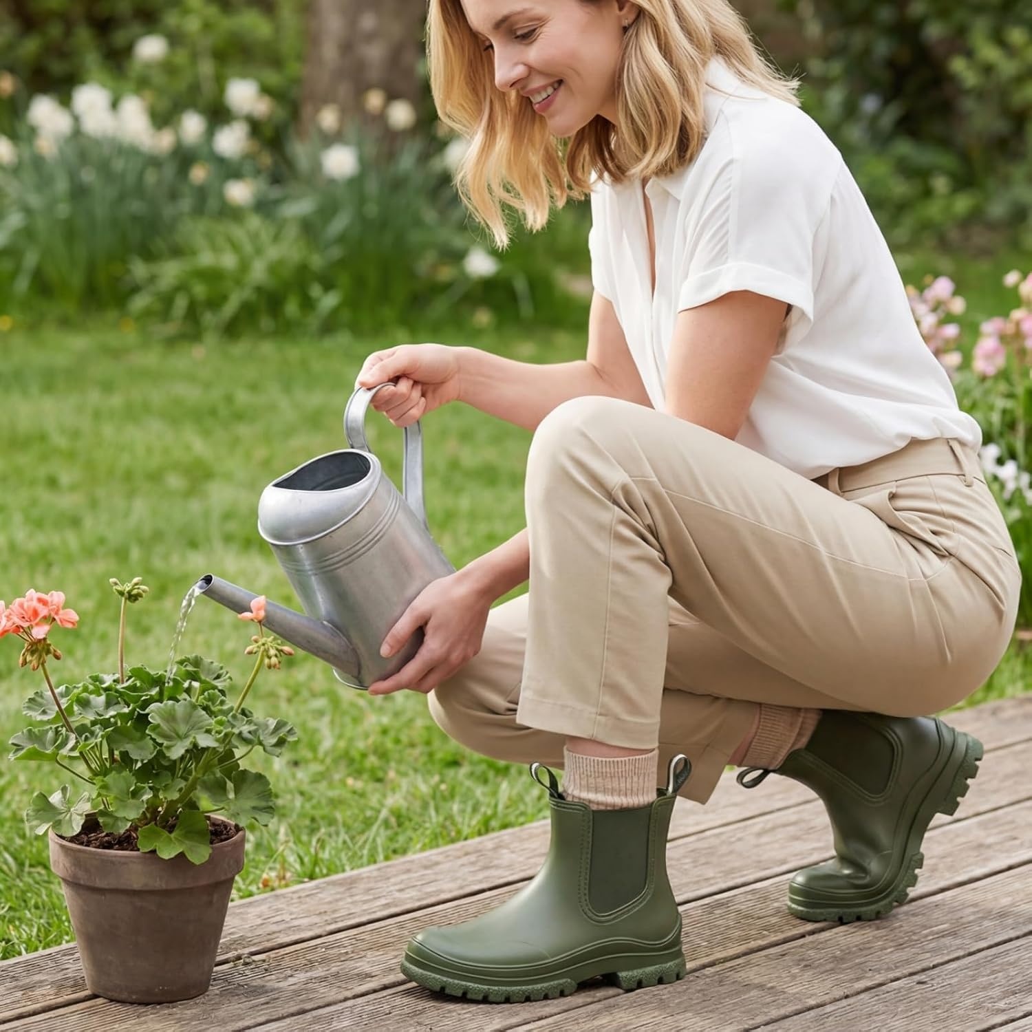 image:imageHISEA Womens Short Rain Boots Lightweight Waterproof Chelsea Garden Shoes SlipOn Ankle Booties for Farming Yard amp Mud NonSlip Outdoor Working ShoesGreen