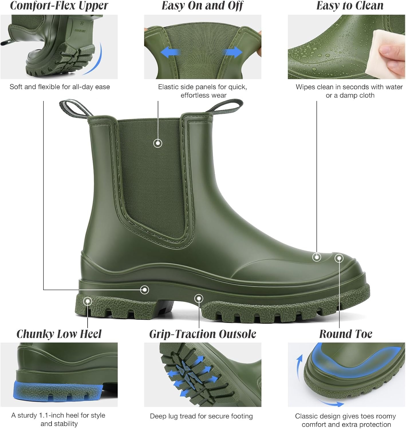 image:imageHISEA Womens Short Rain Boots Lightweight Waterproof Chelsea Garden Shoes SlipOn Ankle Booties for Farming Yard amp Mud NonSlip Outdoor Working ShoesGreen
