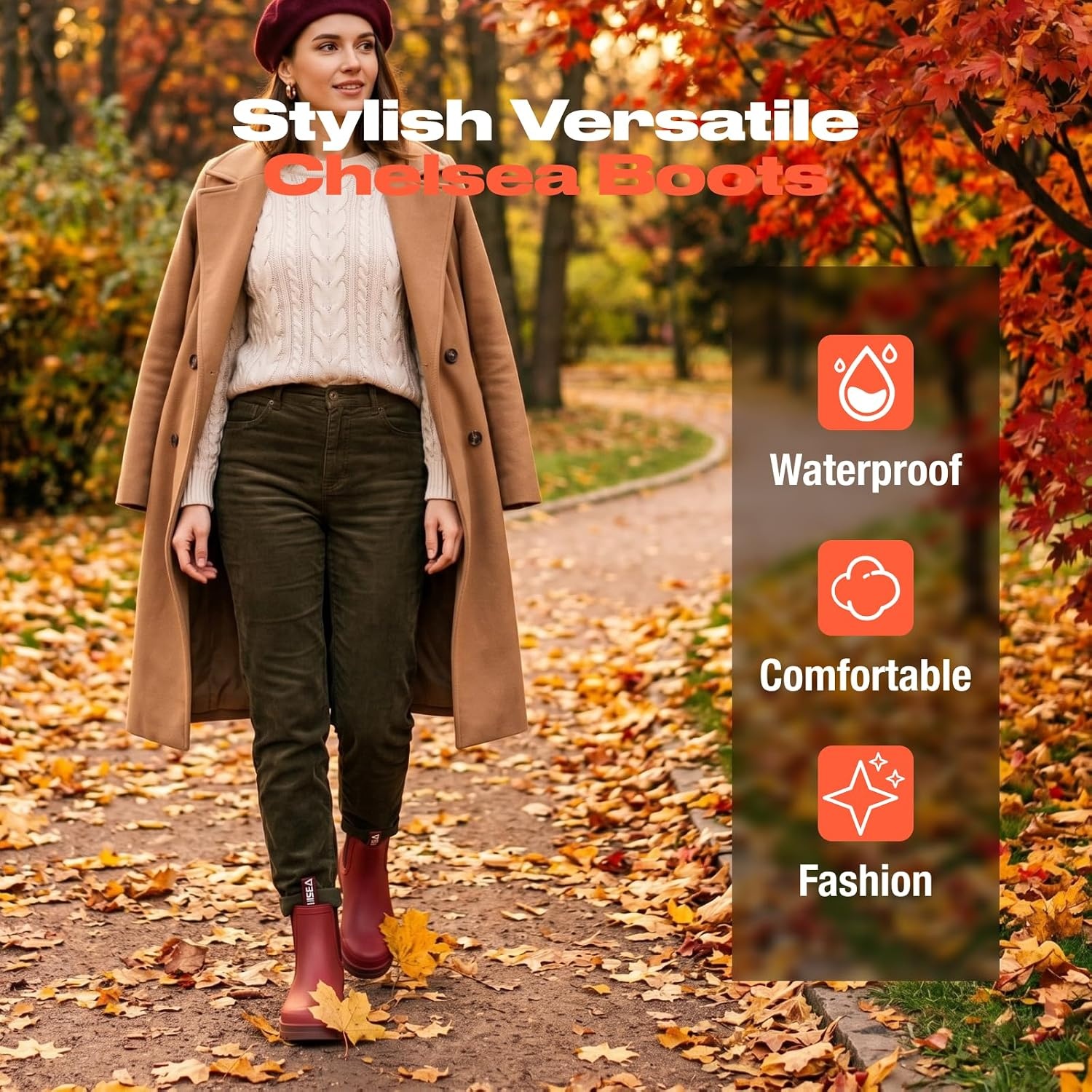 image:imageHISEA Womens Short Rain Boots Waterproof Chelsea Boots Fashion Ankle Rubber Garden Shoes NonSlip Matte PVC Rainboots Lightweight Outdoor Work Booties for Gardening Farming WalkingBurgundy Red