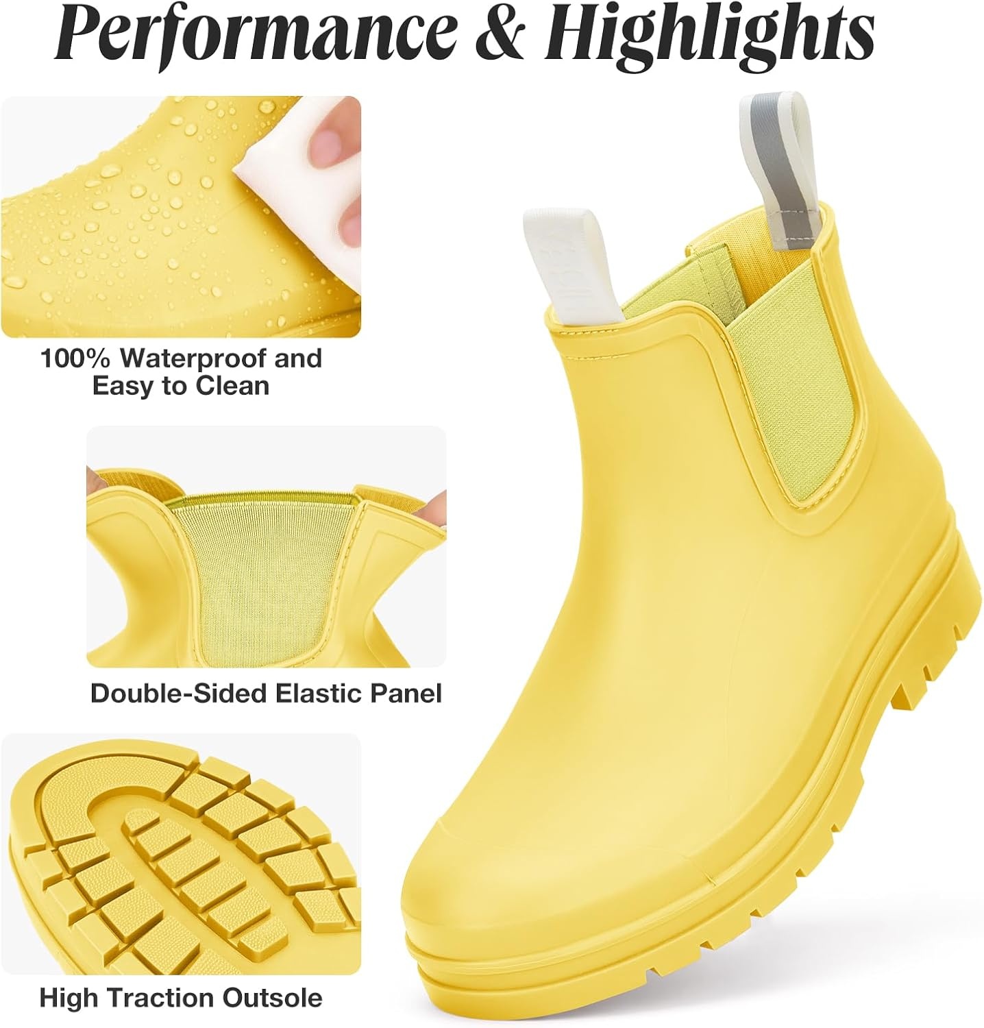 image:imageHISEA Womens Short Rain Boots Waterproof Chelsea Boots Fashion Ankle Rubber Garden Shoes NonSlip Matte PVC Rainboots Lightweight Outdoor Work Booties for Gardening Farming WalkingYellow