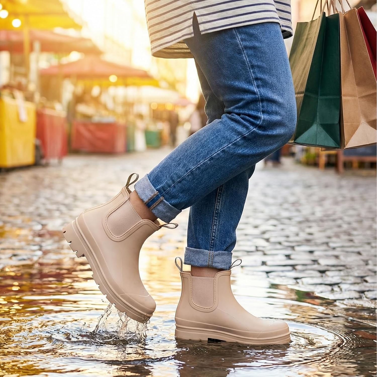 image:imageHISEA Womens Short Rain Boots Waterproof Chelsea Boots Fashion Ankle Rubber Garden Shoes NonSlip Matte PVC Rainboots Lightweight Outdoor Work Booties for Gardening Farming WalkingNude