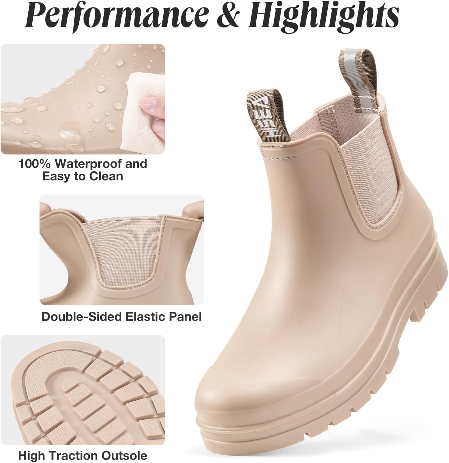 image:imageHISEA Womens Short Rain Boots Waterproof Chelsea Boots Fashion Ankle Rubber Garden Shoes NonSlip Matte PVC Rainboots Lightweight Outdoor Work Booties for Gardening Farming WalkingNude