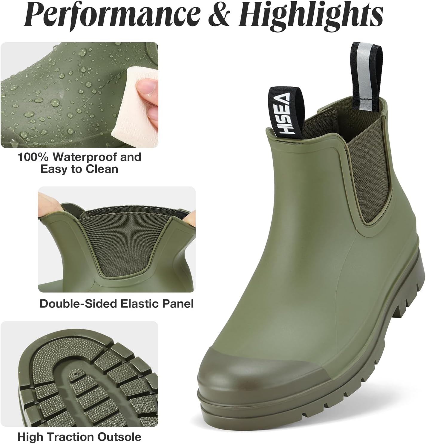 image:imageHISEA Womens Short Rain Boots Waterproof Chelsea Boots Fashion Ankle Rubber Garden Shoes NonSlip Matte PVC Rainboots Lightweight Outdoor Work Booties for Gardening Farming WalkingOlive Green