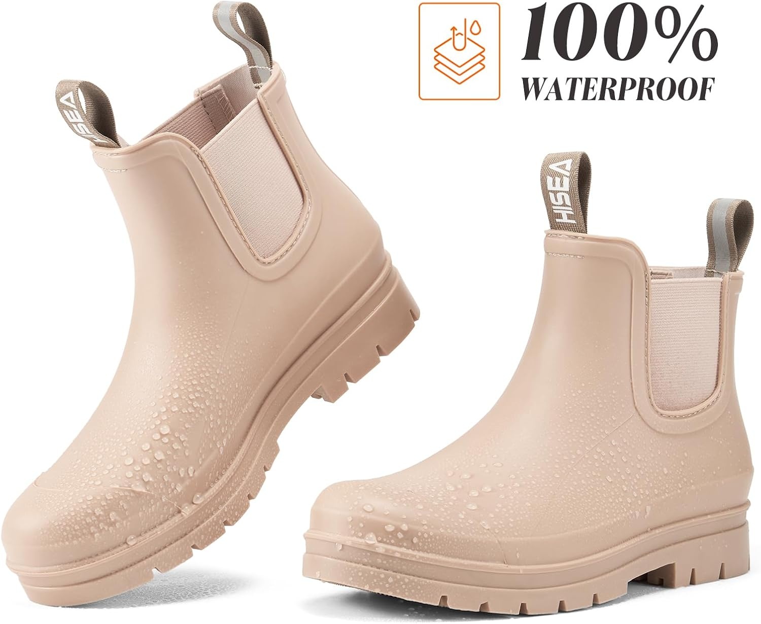 image:imageHISEA Womens Short Rain Boots Waterproof Chelsea Boots Fashion Ankle Rubber Garden Shoes NonSlip Matte PVC Rainboots Lightweight Outdoor Work Booties for Gardening Farming WalkingNude