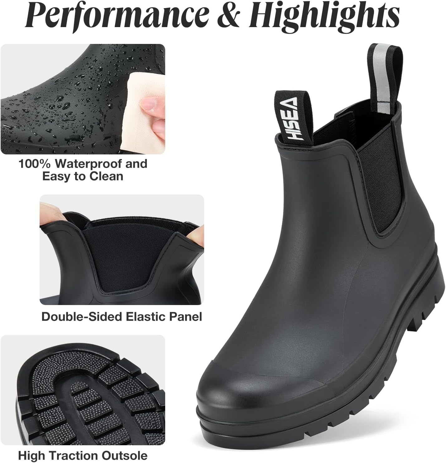 image:imageHISEA Womens Short Rain Boots Waterproof Chelsea Boots Fashion Ankle Rubber Garden Shoes NonSlip Matte PVC Rainboots Lightweight Outdoor Work Booties for Gardening Farming WalkingBlack