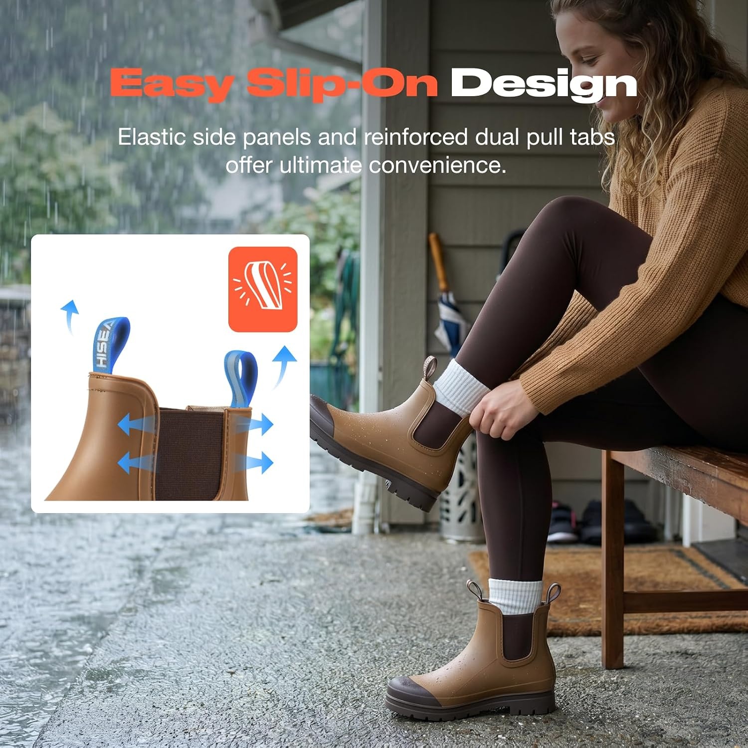 image:imageHISEA Womens Short Rain Boots Waterproof Chelsea Boots Fashion Ankle Rubber Garden Shoes NonSlip Matte PVC Rainboots Lightweight Outdoor Work Booties for Gardening Farming WalkingBrown