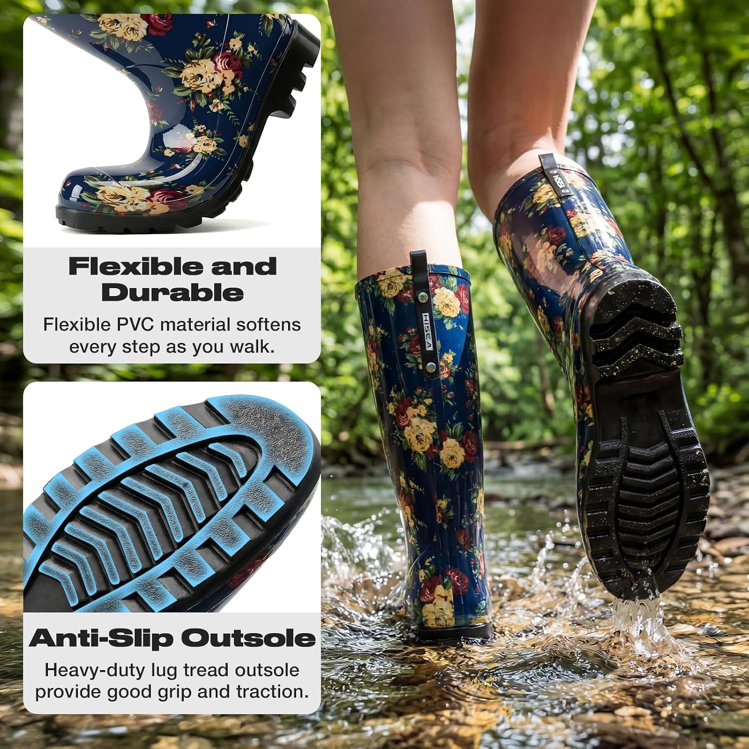 image:imageHISEA Womens Tall Rain Boots Waterproof Garden Boots Fashion Print Rubber PVC Rainboots For Ladies AntiSlip Knee High Mud Boots for Outdoor Gardening Farm Yard Work Slim Calf amp Wide CalfFlower Navy Wide