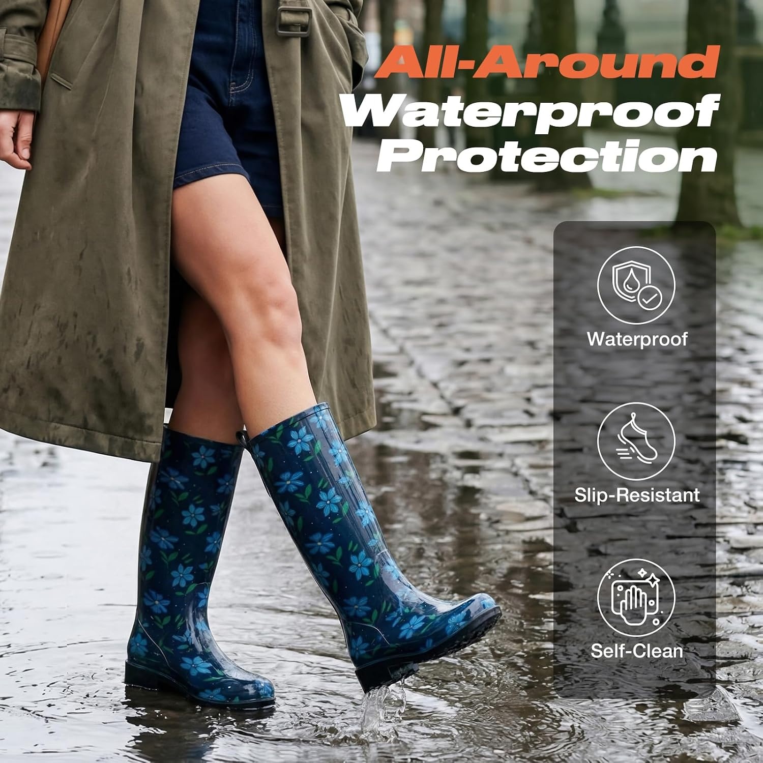 image:imageHISEA Womens Tall Rain Boots Waterproof Garden Boots Fashion Print Rubber PVC Rainboots For Ladies AntiSlip Knee High Mud Boots for Outdoor Gardening Farm Yard Work Slim Calf amp Wide CalfBlue Flower Wide