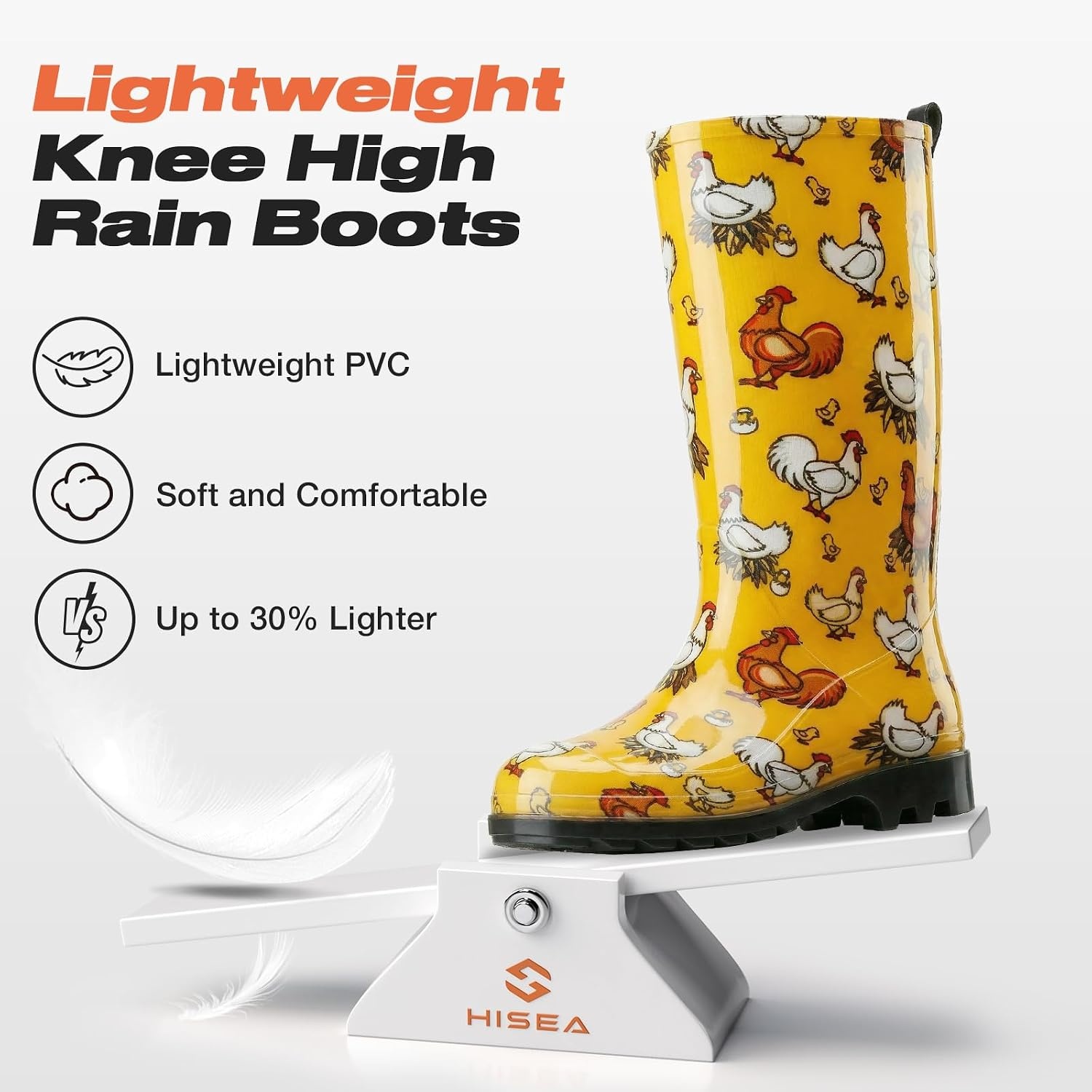 image:imageHISEA Womens Tall Rain Boots Waterproof Garden Boots Fashion Print Rubber PVC Rainboots For Ladies AntiSlip Knee High Mud Boots for Outdoor Gardening Farm Yard Work Slim Calf amp Wide CalfChicken Print Yellow Wide