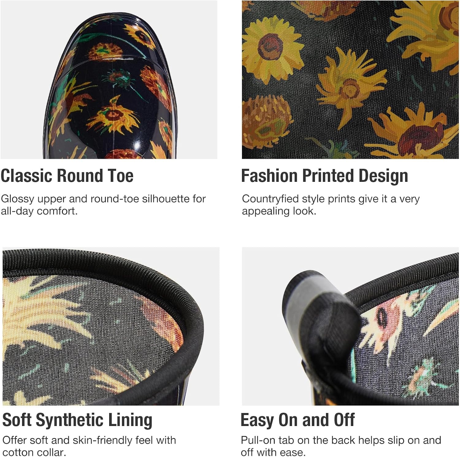 image:imageHISEA Womens Tall Rain Boots Waterproof Garden Boots Fashion Print Rubber PVC Rainboots For Ladies AntiSlip Knee High Mud Boots for Outdoor Gardening Farm Yard Work Slim Calf amp Wide CalfSunflower Print Black