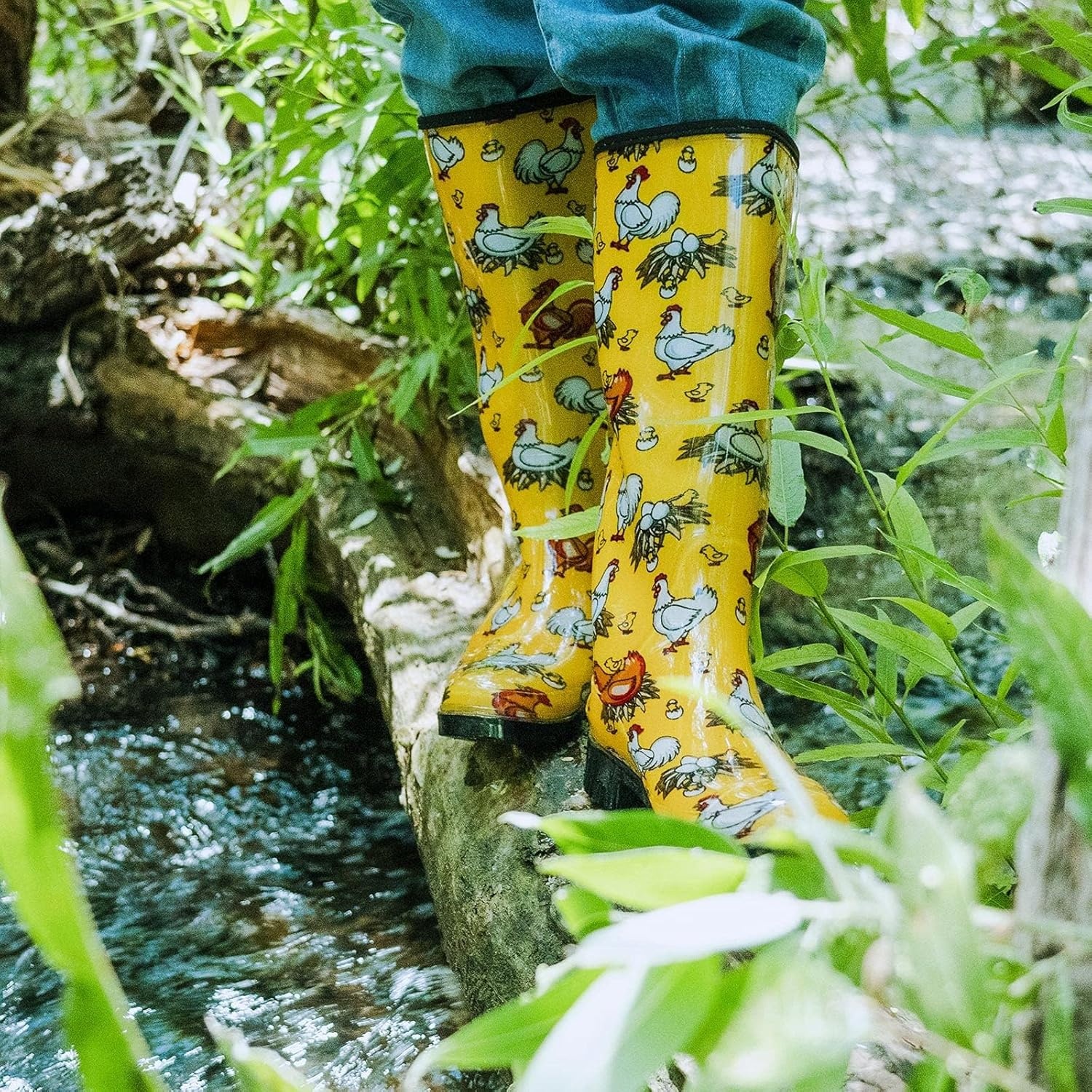 image:imageHISEA Womens Tall Rain Boots Waterproof Garden Boots Fashion Print Rubber PVC Rainboots For Ladies AntiSlip Knee High Mud Boots for Outdoor Gardening Farm Yard Work Slim Calf amp Wide CalfChicken Print Red