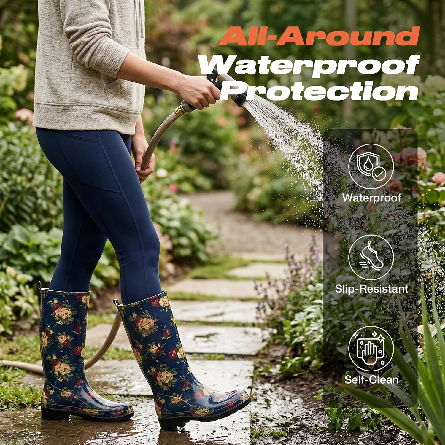 image:imageHISEA Womens Tall Rain Boots Waterproof Garden Boots Fashion Print Rubber PVC Rainboots For Ladies AntiSlip Knee High Mud Boots for Outdoor Gardening Farm Yard Work Slim Calf amp Wide CalfFlower Navy Wide