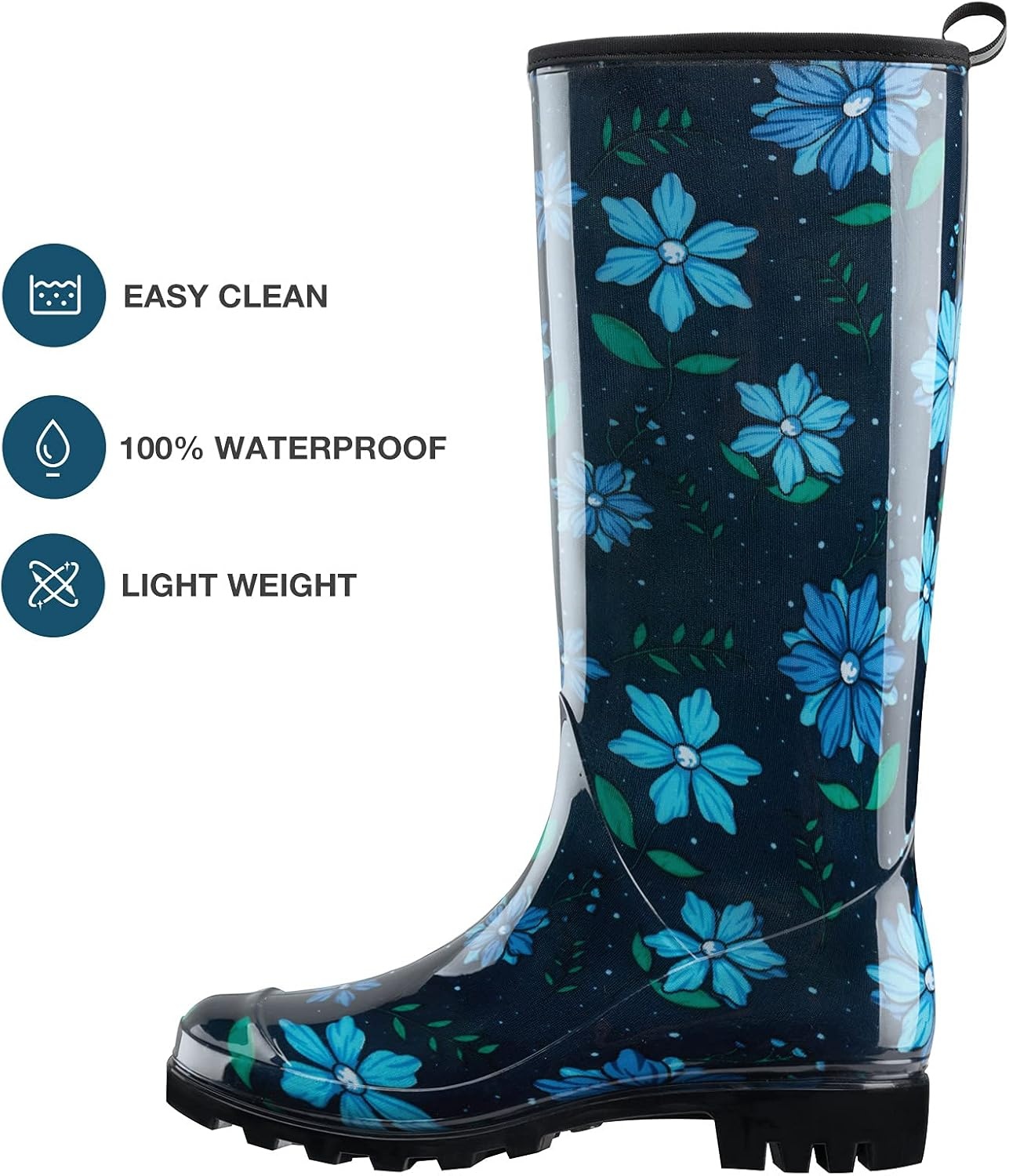 image:imageHISEA Womens Tall Rain Boots Waterproof Garden Boots Fashion Print Rubber PVC Rainboots For Ladies AntiSlip Knee High Mud Boots for Outdoor Gardening Farm Yard Work Slim Calf amp Wide CalfBlue Flower