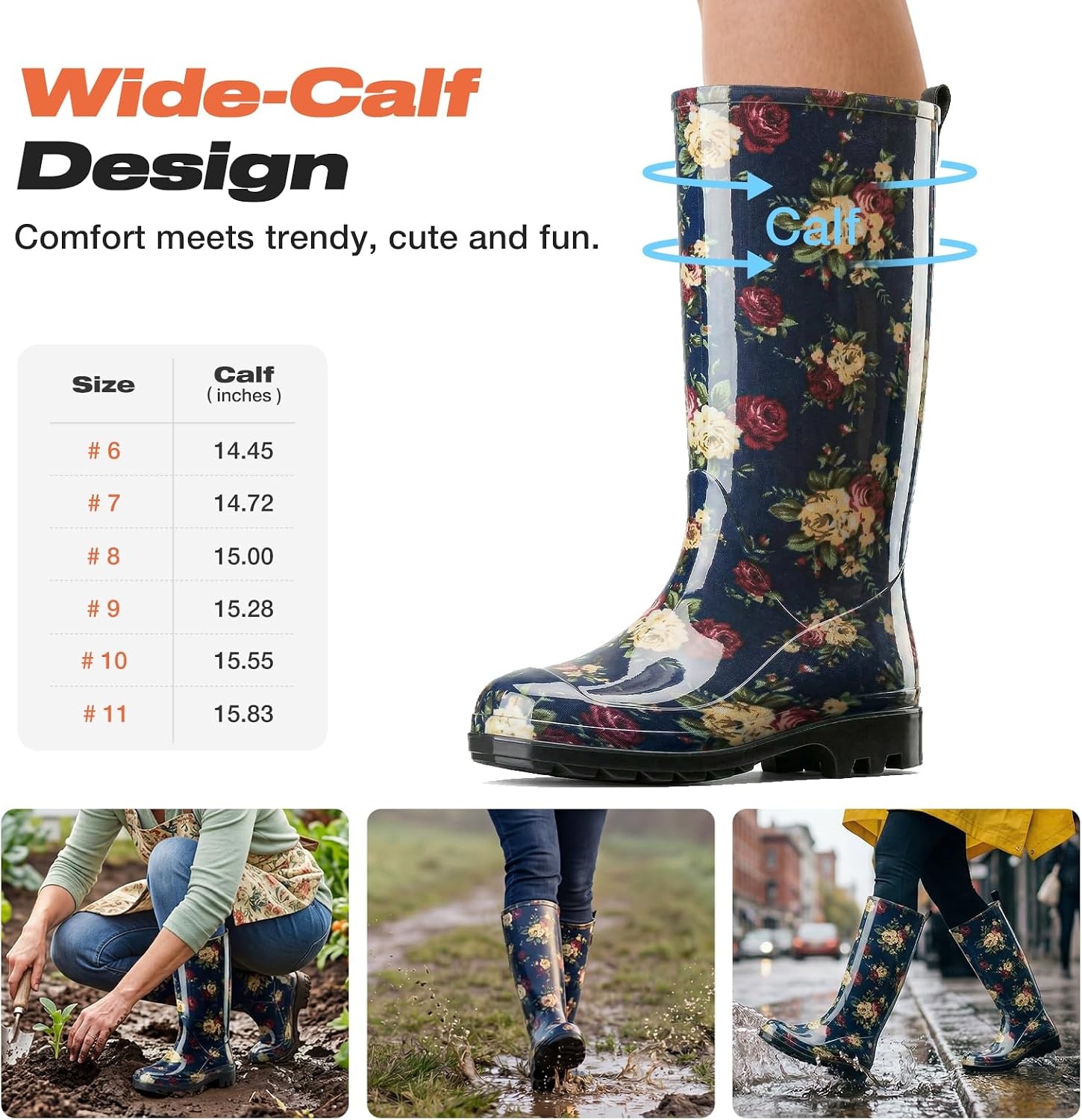 image:imageHISEA Womens Tall Rain Boots Waterproof Garden Boots Fashion Print Rubber PVC Rainboots For Ladies AntiSlip Knee High Mud Boots for Outdoor Gardening Farm Yard Work Slim Calf amp Wide CalfFlower Navy Wide
