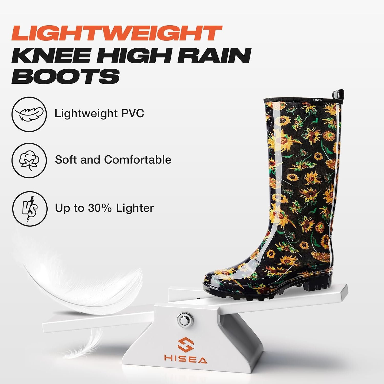 image:imageHISEA Womens Tall Rain Boots Waterproof Garden Boots Fashion Print Rubber PVC Rainboots For Ladies AntiSlip Knee High Mud Boots for Outdoor Gardening Farm Yard Work Slim Calf amp Wide CalfSunflower Print Black