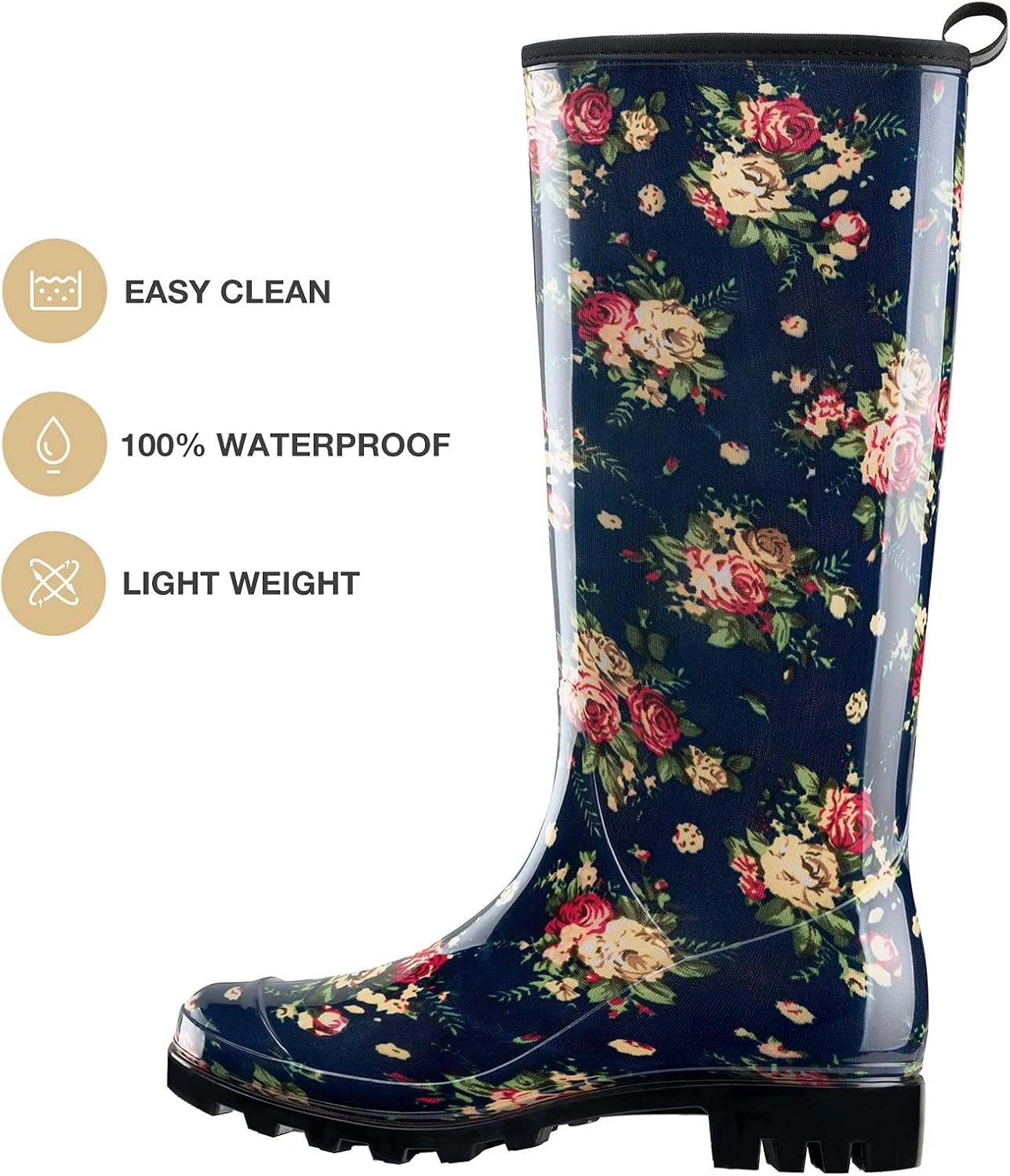 image:imageHISEA Womens Tall Rain Boots Waterproof Garden Boots Fashion Print Rubber PVC Rainboots For Ladies AntiSlip Knee High Mud Boots for Outdoor Gardening Farm Yard Work Slim Calf amp Wide CalfFlower Navy