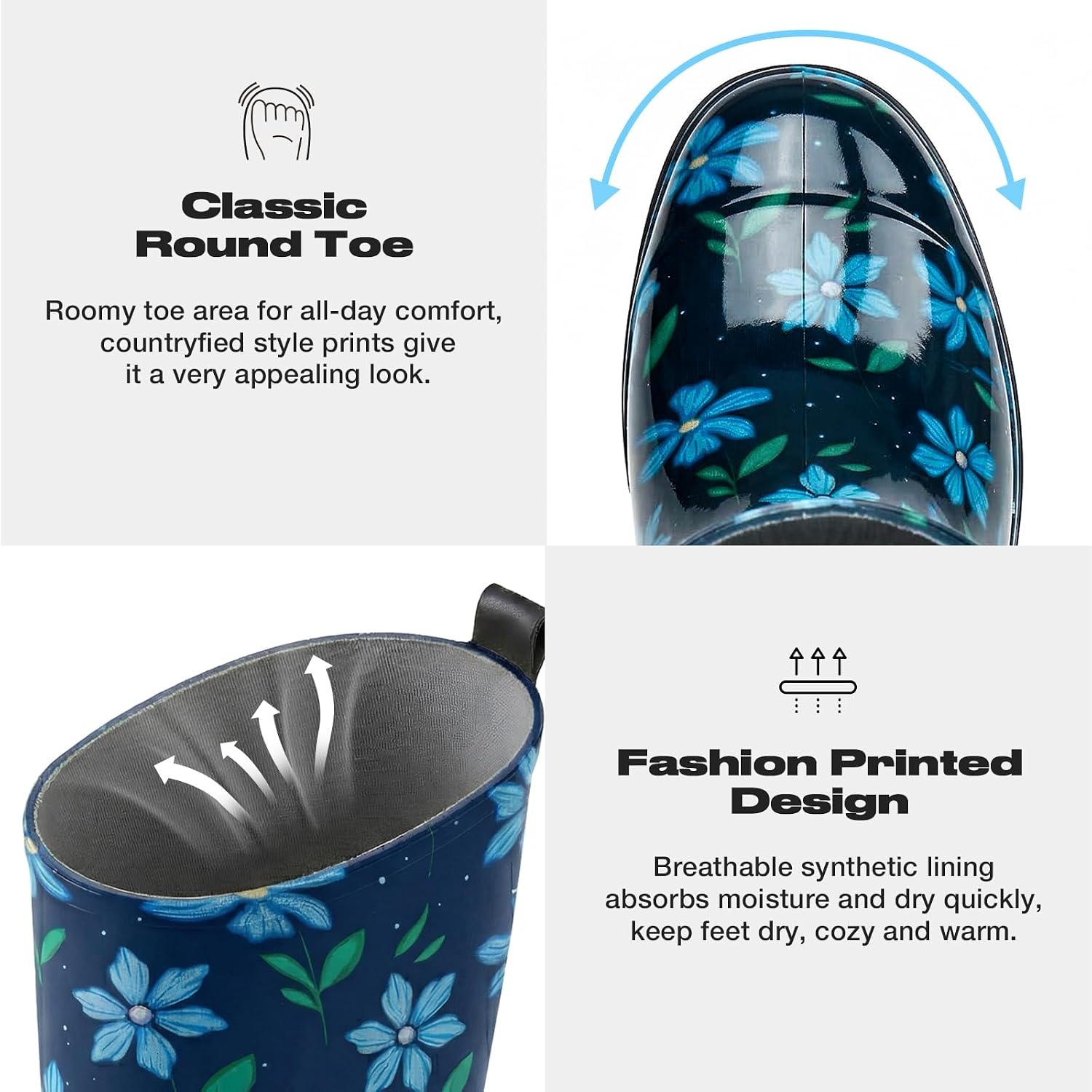 image:imageHISEA Womens Tall Rain Boots Waterproof Garden Boots Fashion Print Rubber PVC Rainboots For Ladies AntiSlip Knee High Mud Boots for Outdoor Gardening Farm Yard Work Slim Calf amp Wide CalfBlue Flower Wide