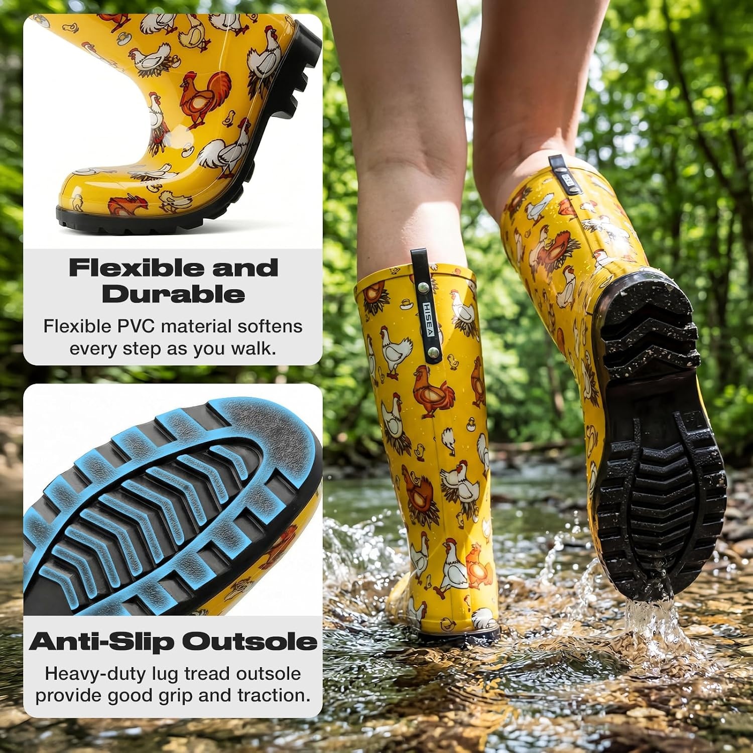 image:imageHISEA Womens Tall Rain Boots Waterproof Garden Boots Fashion Print Rubber PVC Rainboots For Ladies AntiSlip Knee High Mud Boots for Outdoor Gardening Farm Yard Work Slim Calf amp Wide CalfChicken Print Yellow Wide