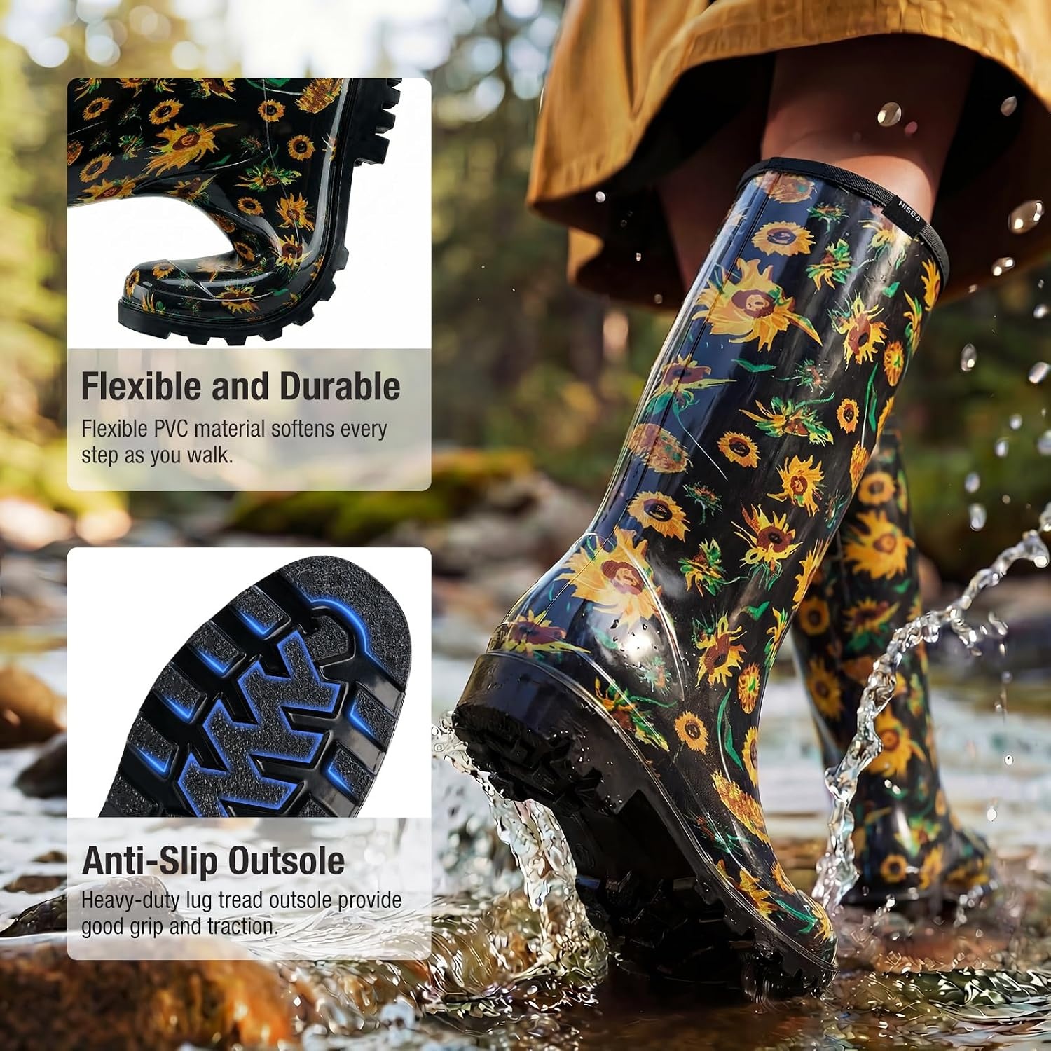 image:imageHISEA Womens Tall Rain Boots Waterproof Garden Boots Fashion Print Rubber PVC Rainboots For Ladies AntiSlip Knee High Mud Boots for Outdoor Gardening Farm Yard Work Slim Calf amp Wide CalfSunflower Print Black