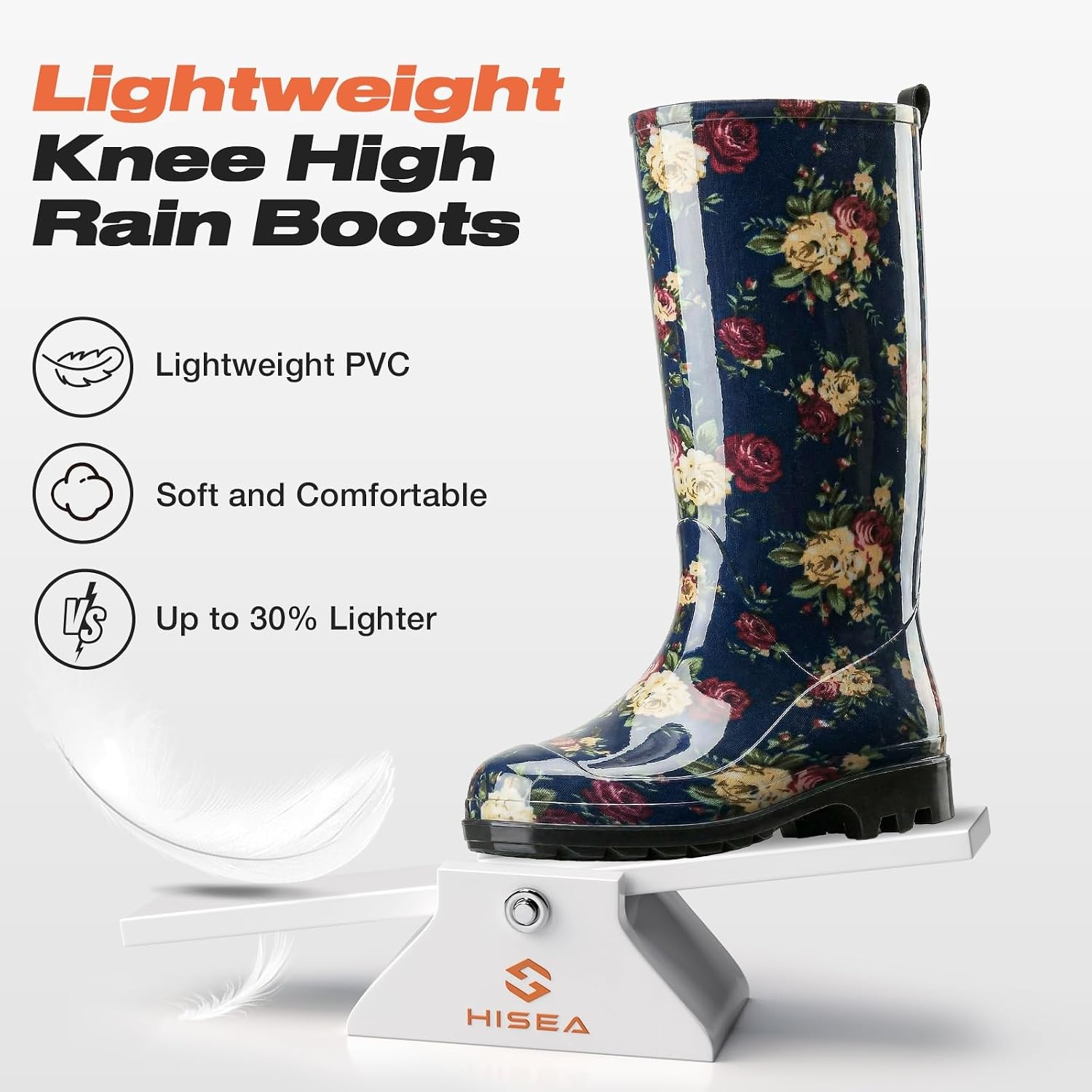 image:imageHISEA Womens Tall Rain Boots Waterproof Garden Boots Fashion Print Rubber PVC Rainboots For Ladies AntiSlip Knee High Mud Boots for Outdoor Gardening Farm Yard Work Slim Calf amp Wide CalfFlower Navy Wide