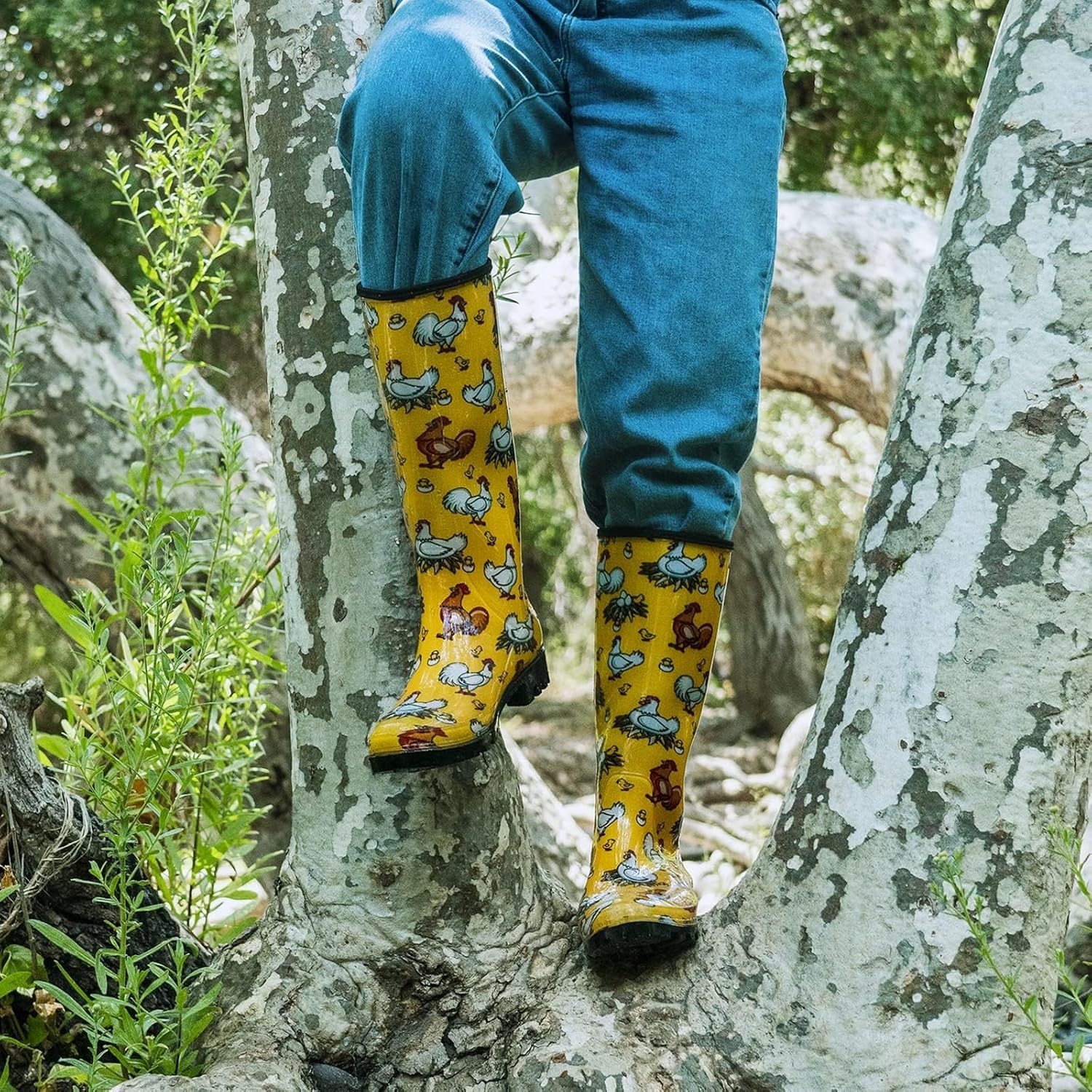 image:imageHISEA Womens Tall Rain Boots Waterproof Garden Boots Fashion Print Rubber PVC Rainboots For Ladies AntiSlip Knee High Mud Boots for Outdoor Gardening Farm Yard Work Slim Calf amp Wide CalfChicken Print Yellow