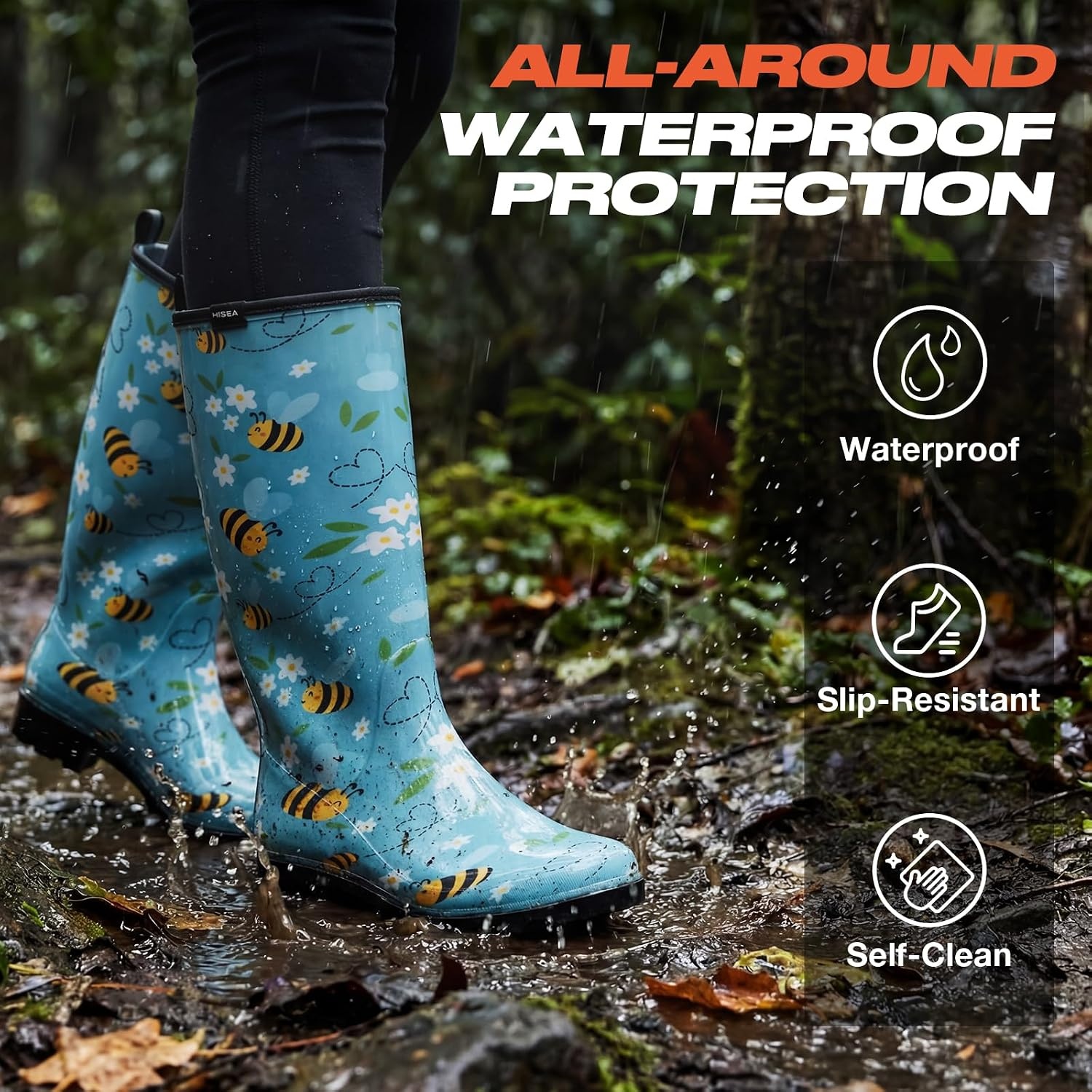 image:imageHISEA Womens Tall Rain Boots Waterproof Garden Boots Fashion Print Rubber PVC Rainboots For Ladies AntiSlip Knee High Mud Boots for Outdoor Gardening Farm Yard Work Slim Calf amp Wide CalfBee Print Light Blue