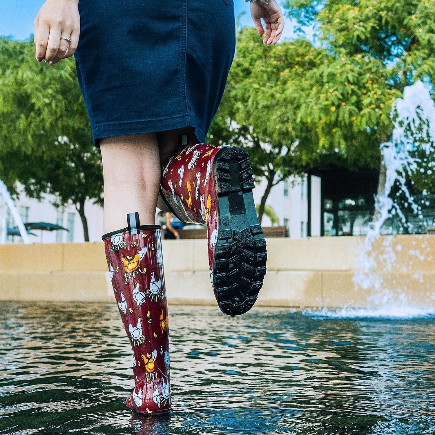 image:imageHISEA Womens Tall Rain Boots Waterproof Garden Boots Fashion Print Rubber PVC Rainboots For Ladies AntiSlip Knee High Mud Boots for Outdoor Gardening Farm Yard Work Slim Calf amp Wide CalfChicken Print Red