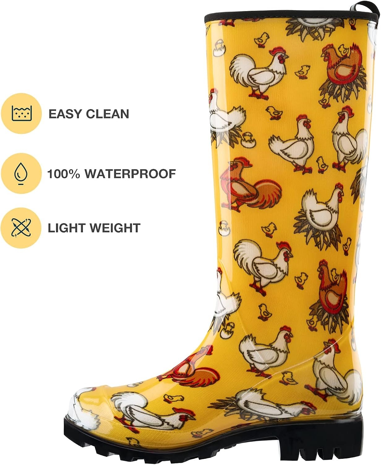 image:imageHISEA Womens Tall Rain Boots Waterproof Garden Boots Fashion Print Rubber PVC Rainboots For Ladies AntiSlip Knee High Mud Boots for Outdoor Gardening Farm Yard Work Slim Calf amp Wide CalfChicken Print Yellow