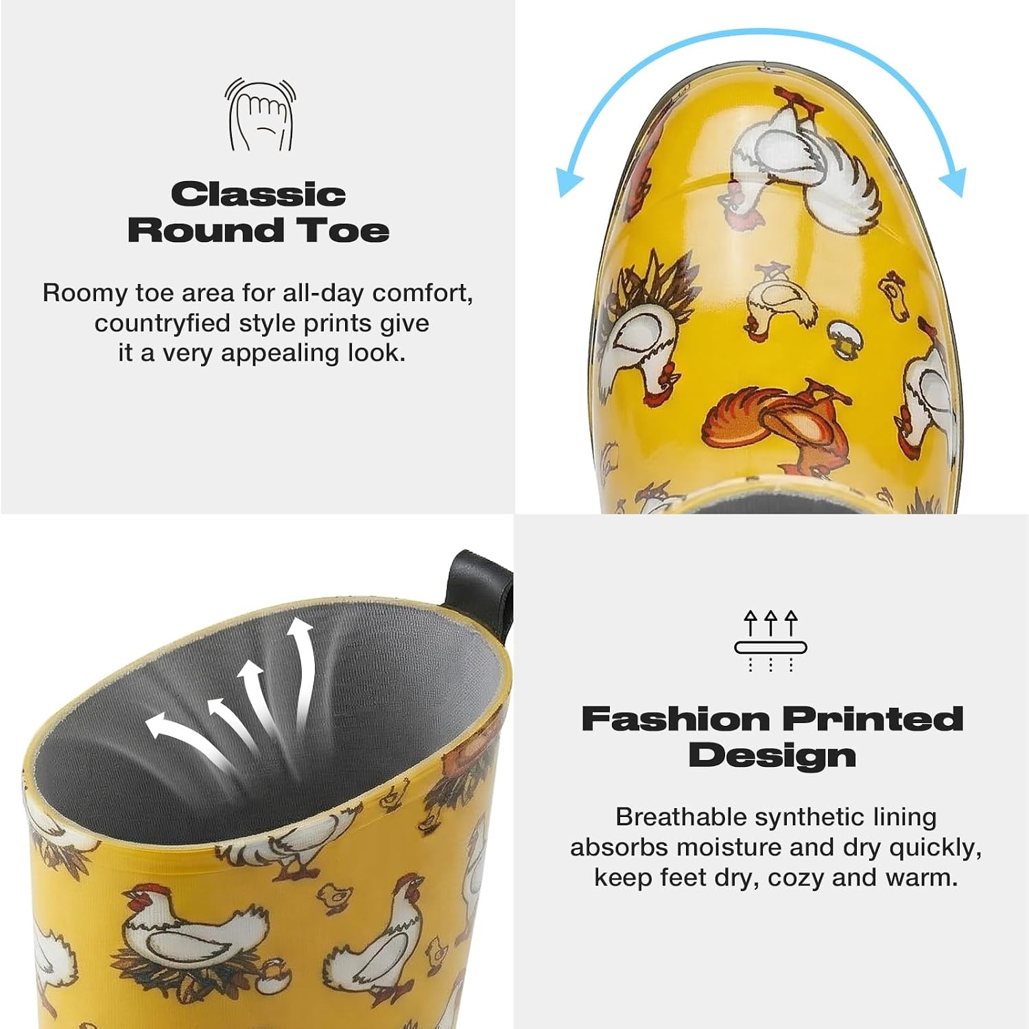 image:imageHISEA Womens Tall Rain Boots Waterproof Garden Boots Fashion Print Rubber PVC Rainboots For Ladies AntiSlip Knee High Mud Boots for Outdoor Gardening Farm Yard Work Slim Calf amp Wide CalfChicken Print Yellow Wide