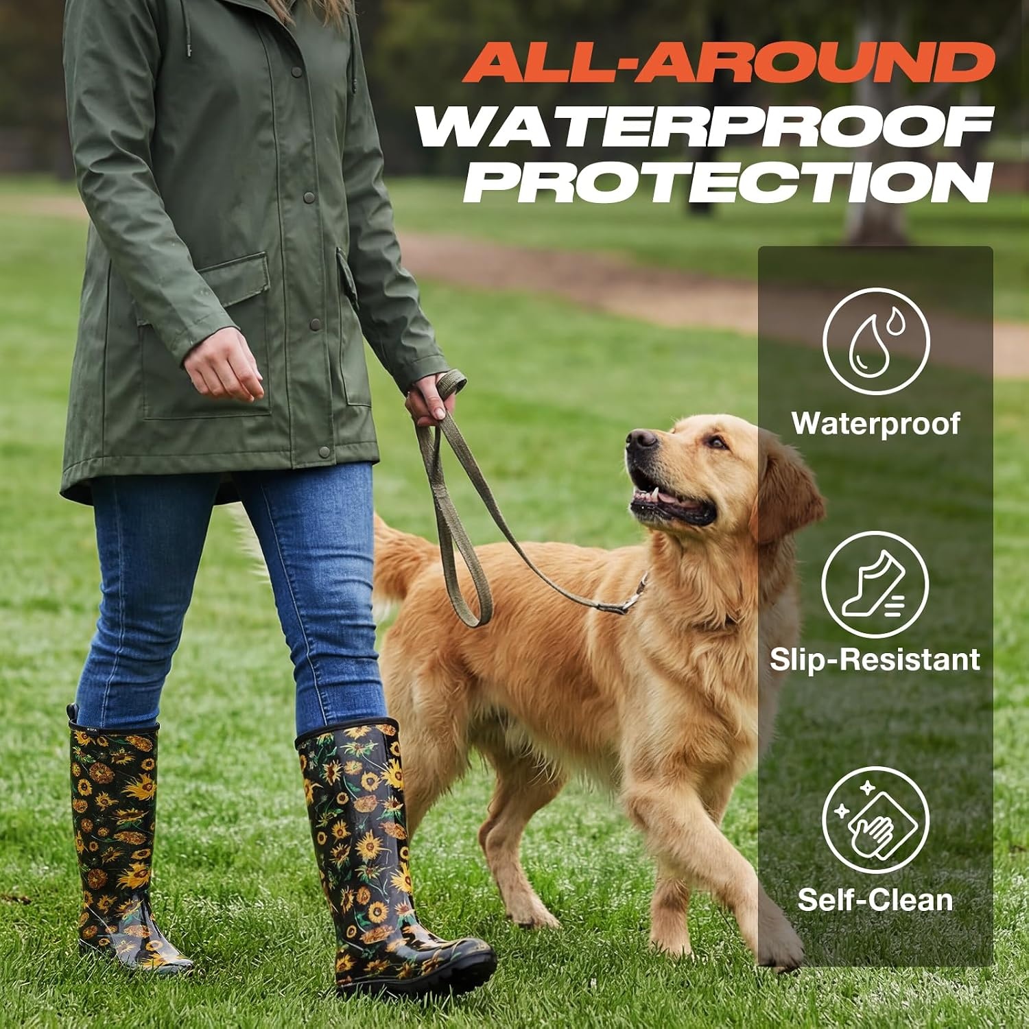 image:imageHISEA Womens Tall Rain Boots Waterproof Garden Boots Fashion Print Rubber PVC Rainboots For Ladies AntiSlip Knee High Mud Boots for Outdoor Gardening Farm Yard Work Slim Calf amp Wide CalfSunflower Print Black