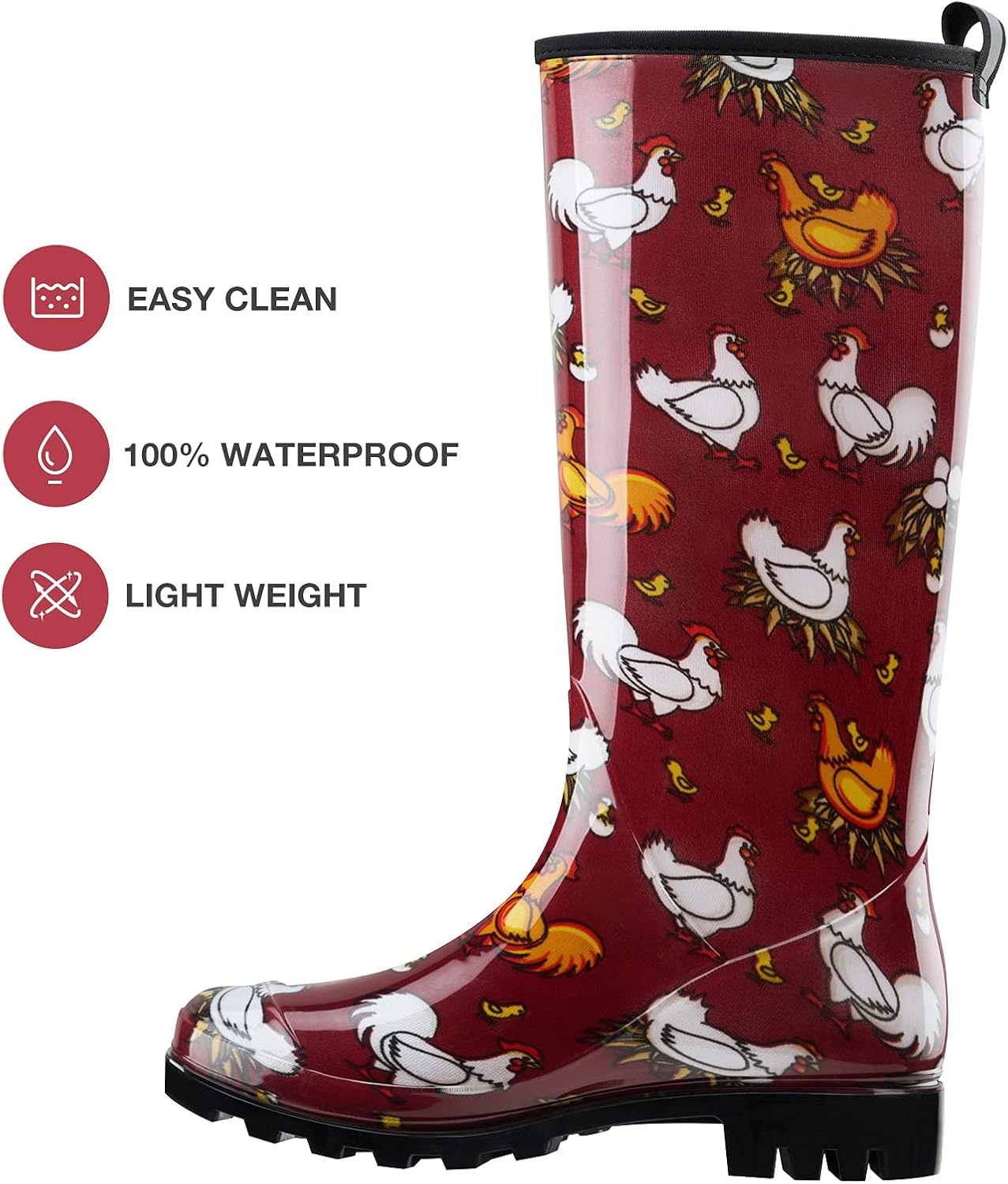 image:imageHISEA Womens Tall Rain Boots Waterproof Garden Boots Fashion Print Rubber PVC Rainboots For Ladies AntiSlip Knee High Mud Boots for Outdoor Gardening Farm Yard Work Slim Calf amp Wide CalfChicken Print Red