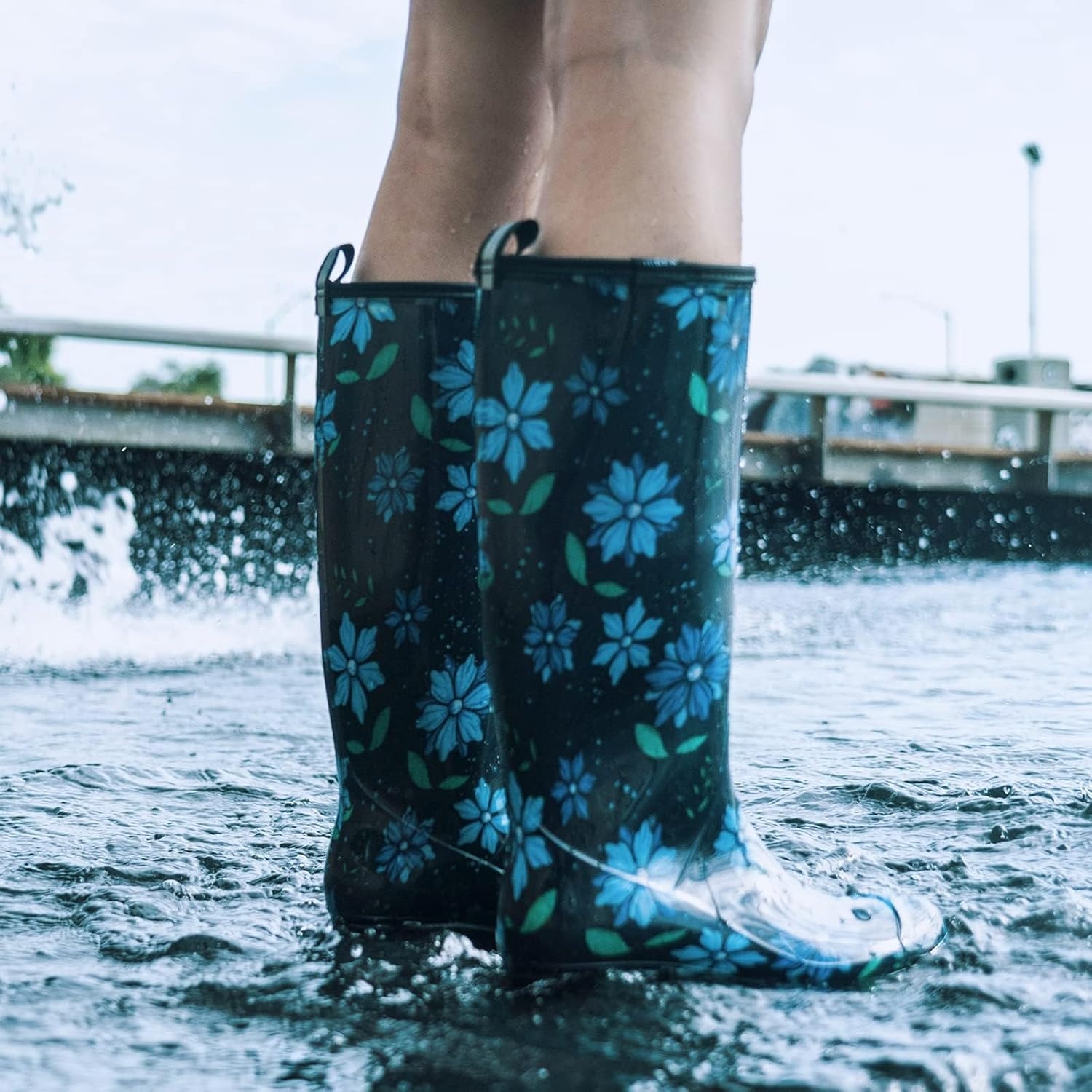 image:imageHISEA Womens Tall Rain Boots Waterproof Garden Boots Fashion Print Rubber PVC Rainboots For Ladies AntiSlip Knee High Mud Boots for Outdoor Gardening Farm Yard Work Slim Calf amp Wide CalfBlue Flower