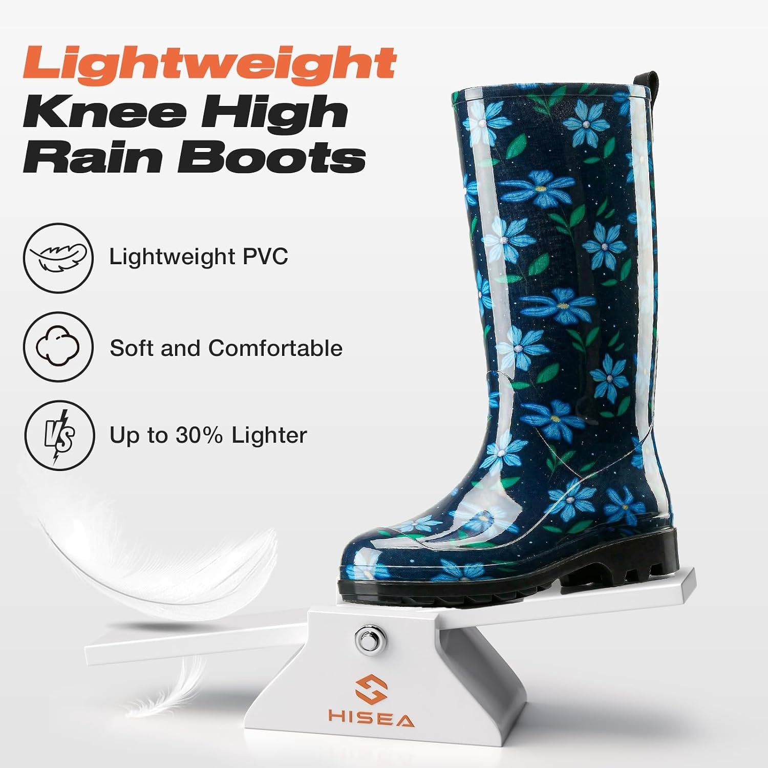 image:imageHISEA Womens Tall Rain Boots Waterproof Garden Boots Fashion Print Rubber PVC Rainboots For Ladies AntiSlip Knee High Mud Boots for Outdoor Gardening Farm Yard Work Slim Calf amp Wide CalfBlue Flower Wide