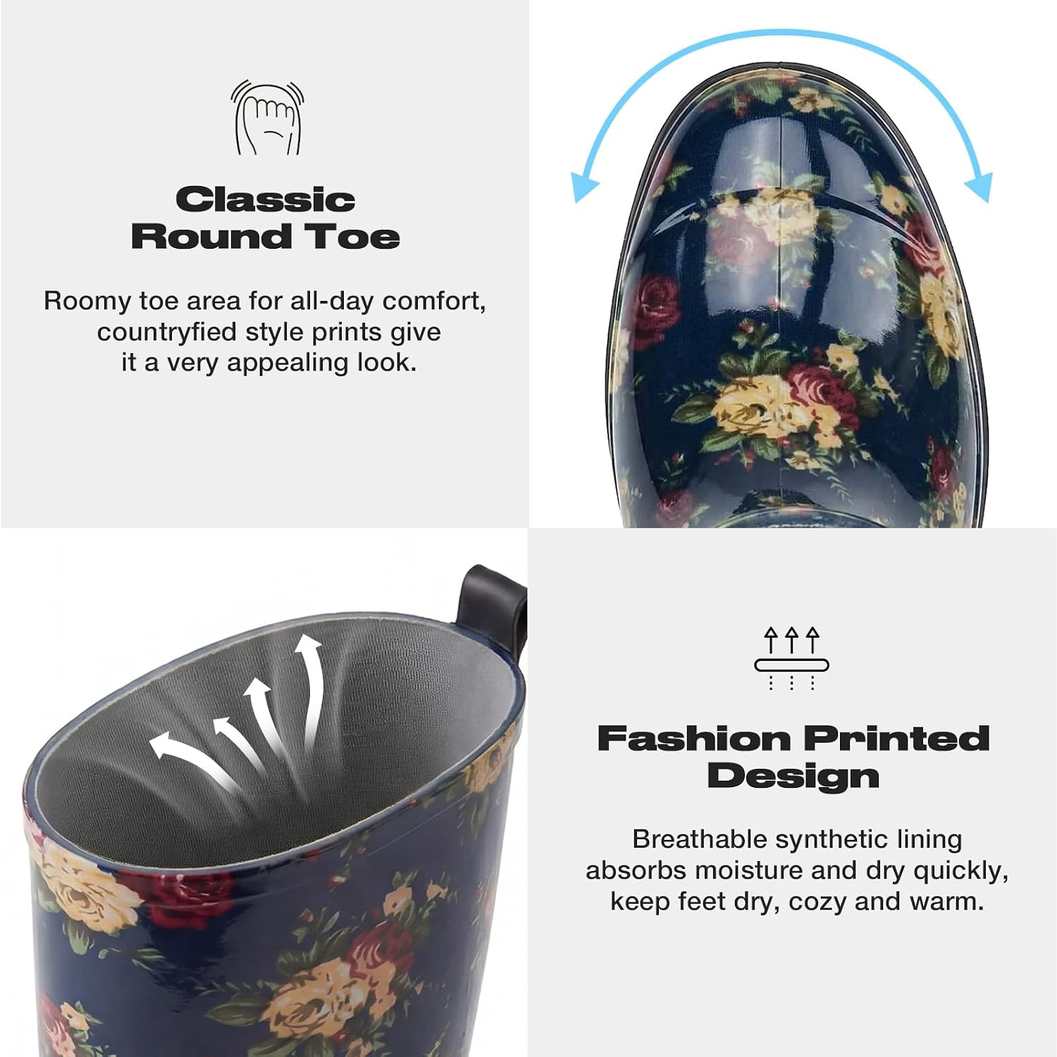 image:imageHISEA Womens Tall Rain Boots Waterproof Garden Boots Fashion Print Rubber PVC Rainboots For Ladies AntiSlip Knee High Mud Boots for Outdoor Gardening Farm Yard Work Slim Calf amp Wide CalfFlower Navy Wide