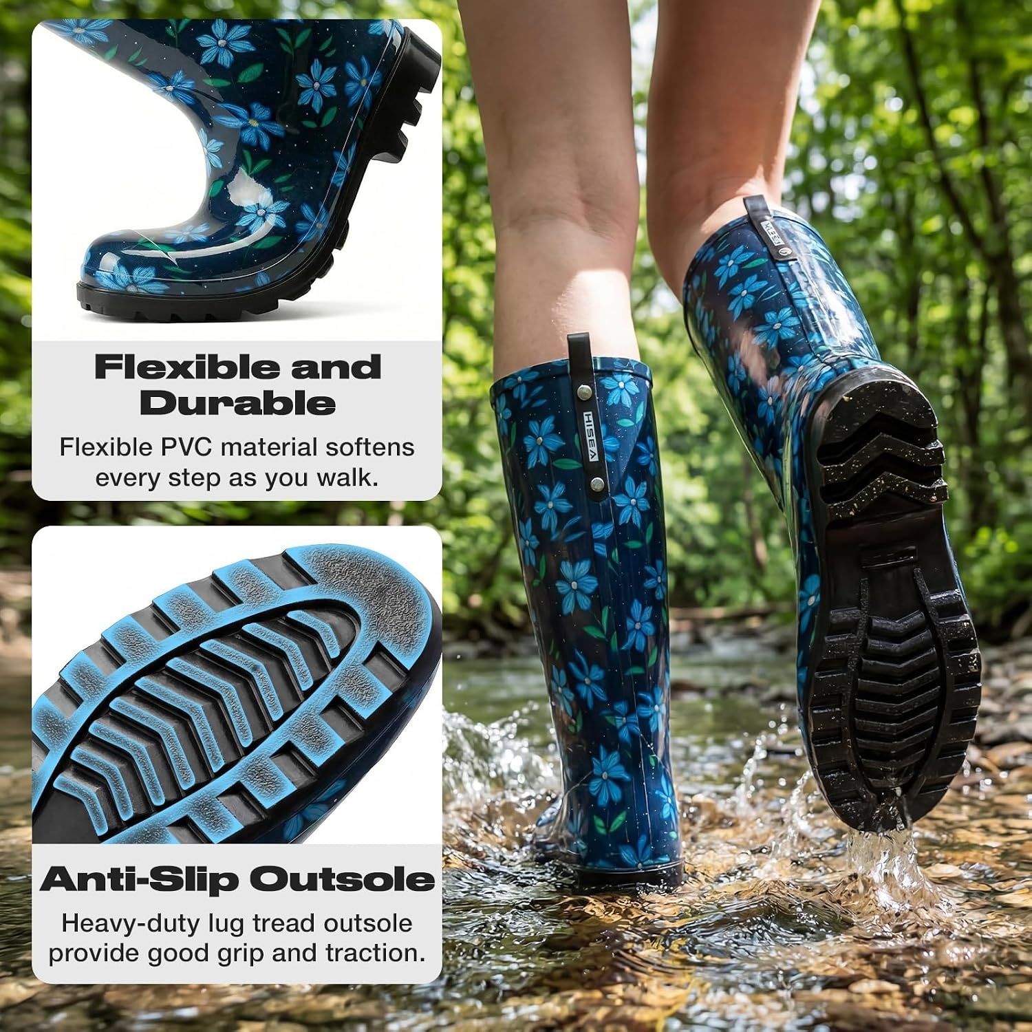 image:imageHISEA Womens Tall Rain Boots Waterproof Garden Boots Fashion Print Rubber PVC Rainboots For Ladies AntiSlip Knee High Mud Boots for Outdoor Gardening Farm Yard Work Slim Calf amp Wide CalfBlue Flower Wide