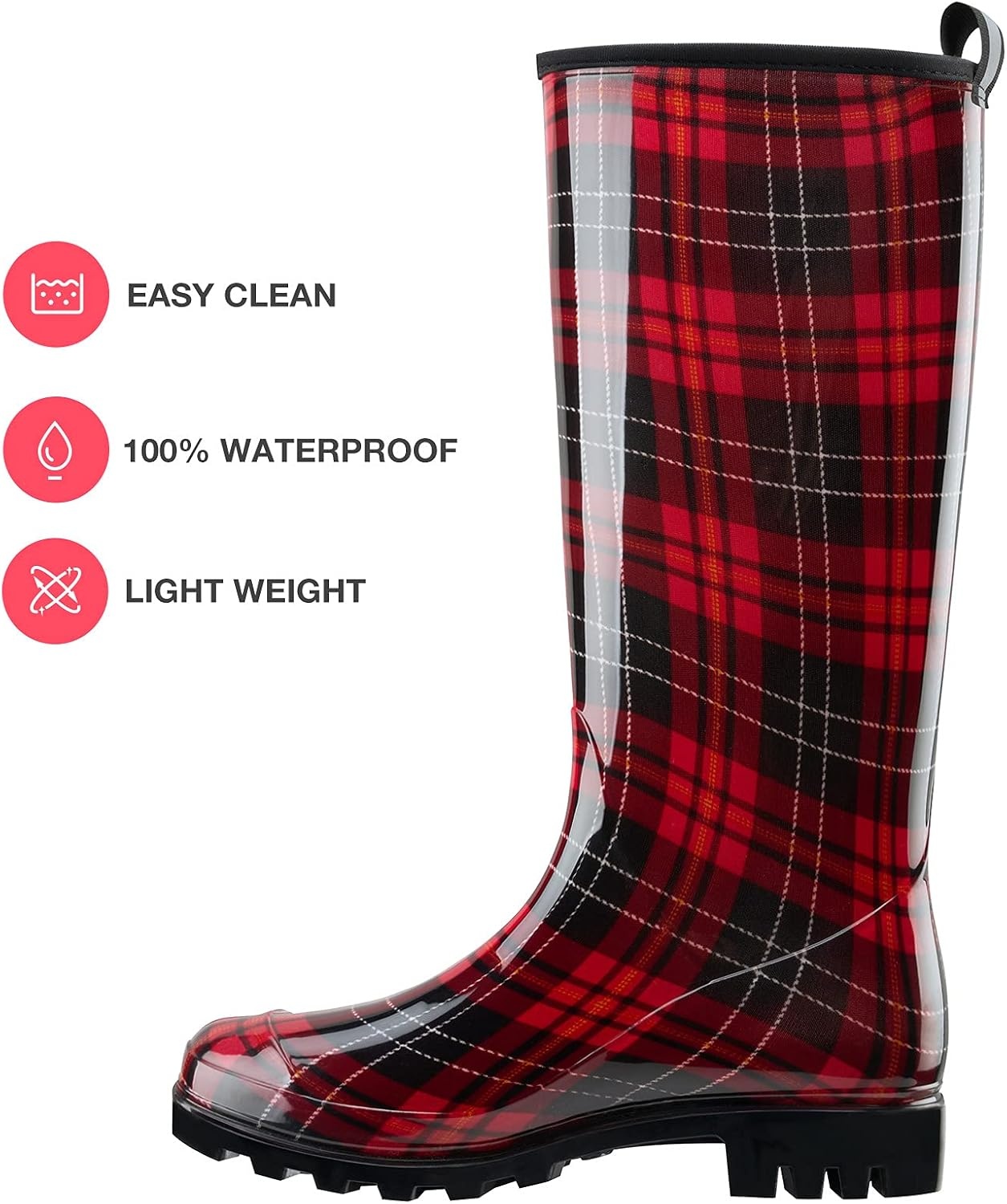 image:imageHISEA Womens Tall Rain Boots Waterproof Garden Boots Fashion Print Rubber PVC Rainboots For Ladies AntiSlip Knee High Mud Boots for Outdoor Gardening Farm Yard Work Slim Calf amp Wide CalfRed Plaid