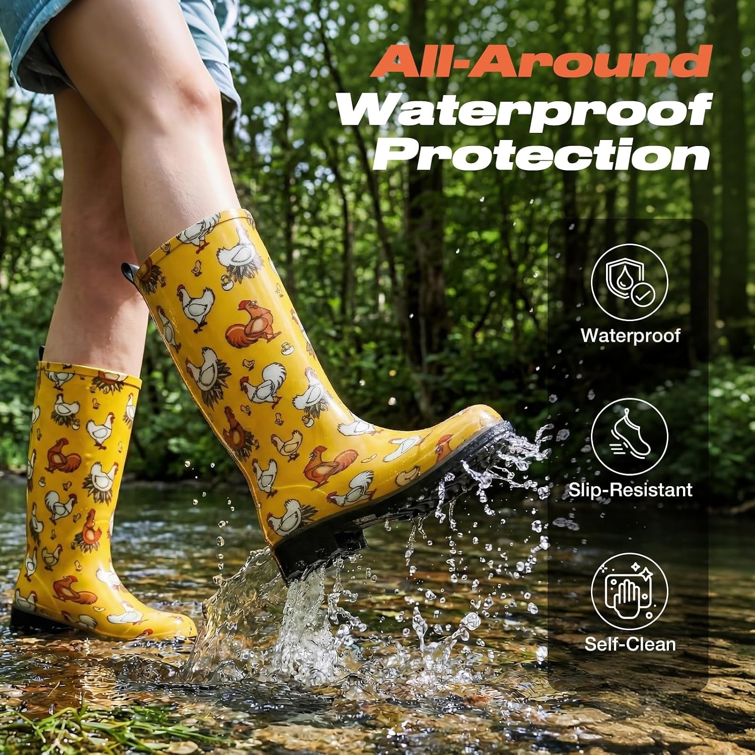 image:imageHISEA Womens Tall Rain Boots Waterproof Garden Boots Fashion Print Rubber PVC Rainboots For Ladies AntiSlip Knee High Mud Boots for Outdoor Gardening Farm Yard Work Slim Calf amp Wide CalfChicken Print Yellow Wide