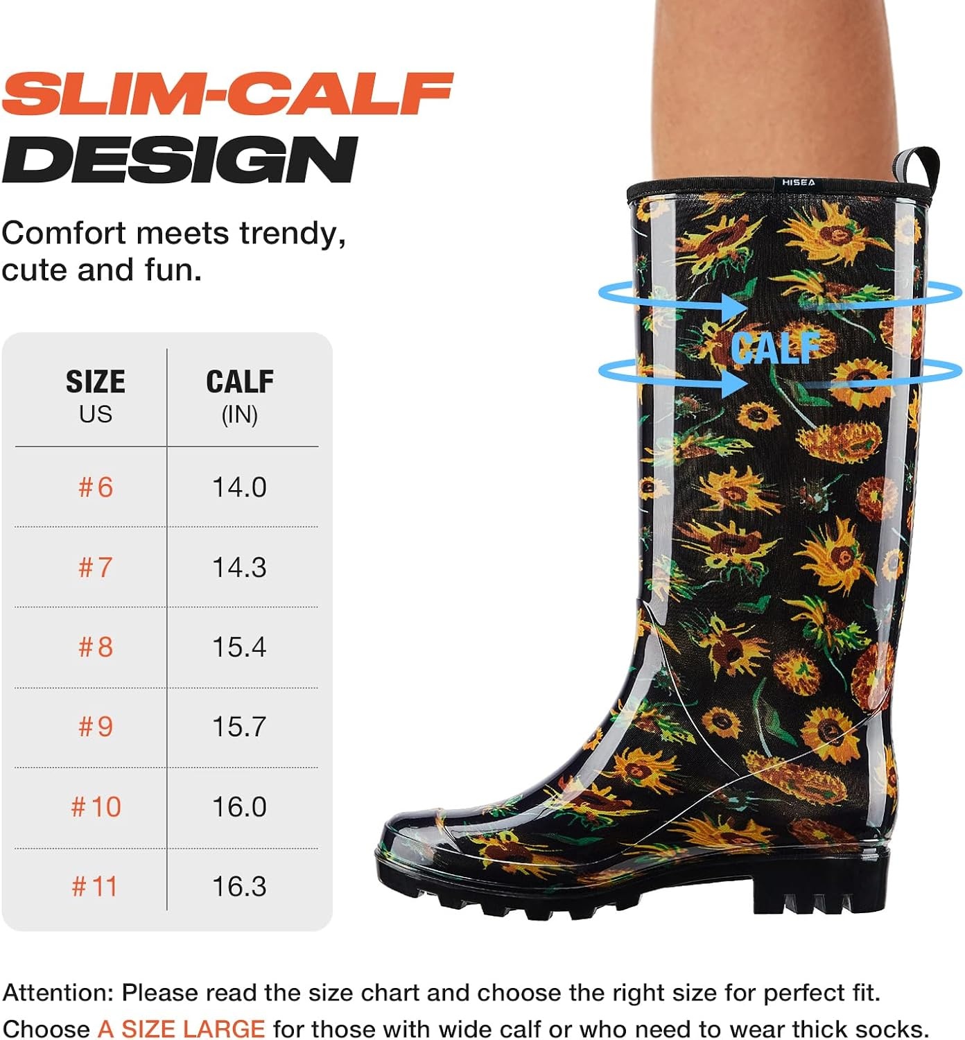 image:imageHISEA Womens Tall Rain Boots Waterproof Garden Boots Fashion Print Rubber PVC Rainboots For Ladies AntiSlip Knee High Mud Boots for Outdoor Gardening Farm Yard Work Slim Calf amp Wide CalfSunflower Print Black
