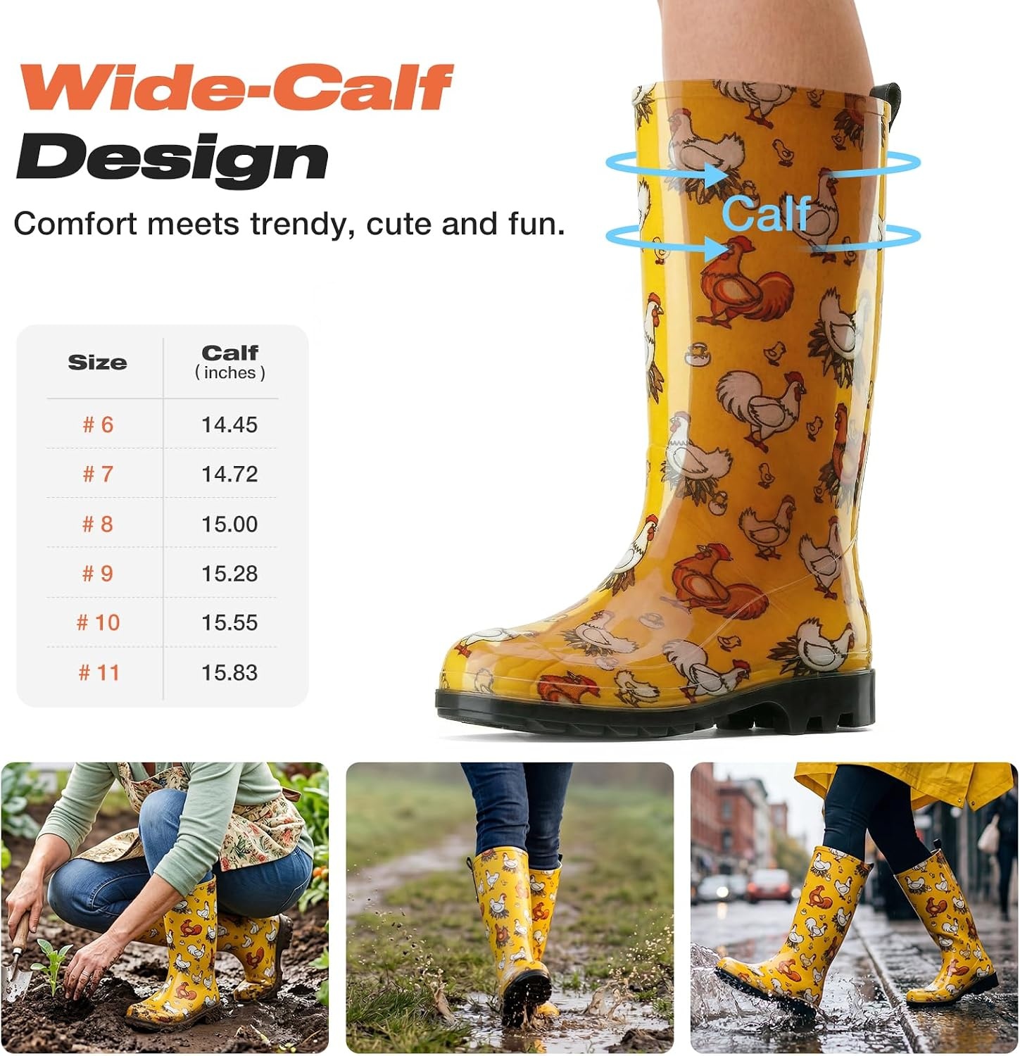 image:imageHISEA Womens Tall Rain Boots Waterproof Garden Boots Fashion Print Rubber PVC Rainboots For Ladies AntiSlip Knee High Mud Boots for Outdoor Gardening Farm Yard Work Slim Calf amp Wide CalfChicken Print Yellow Wide