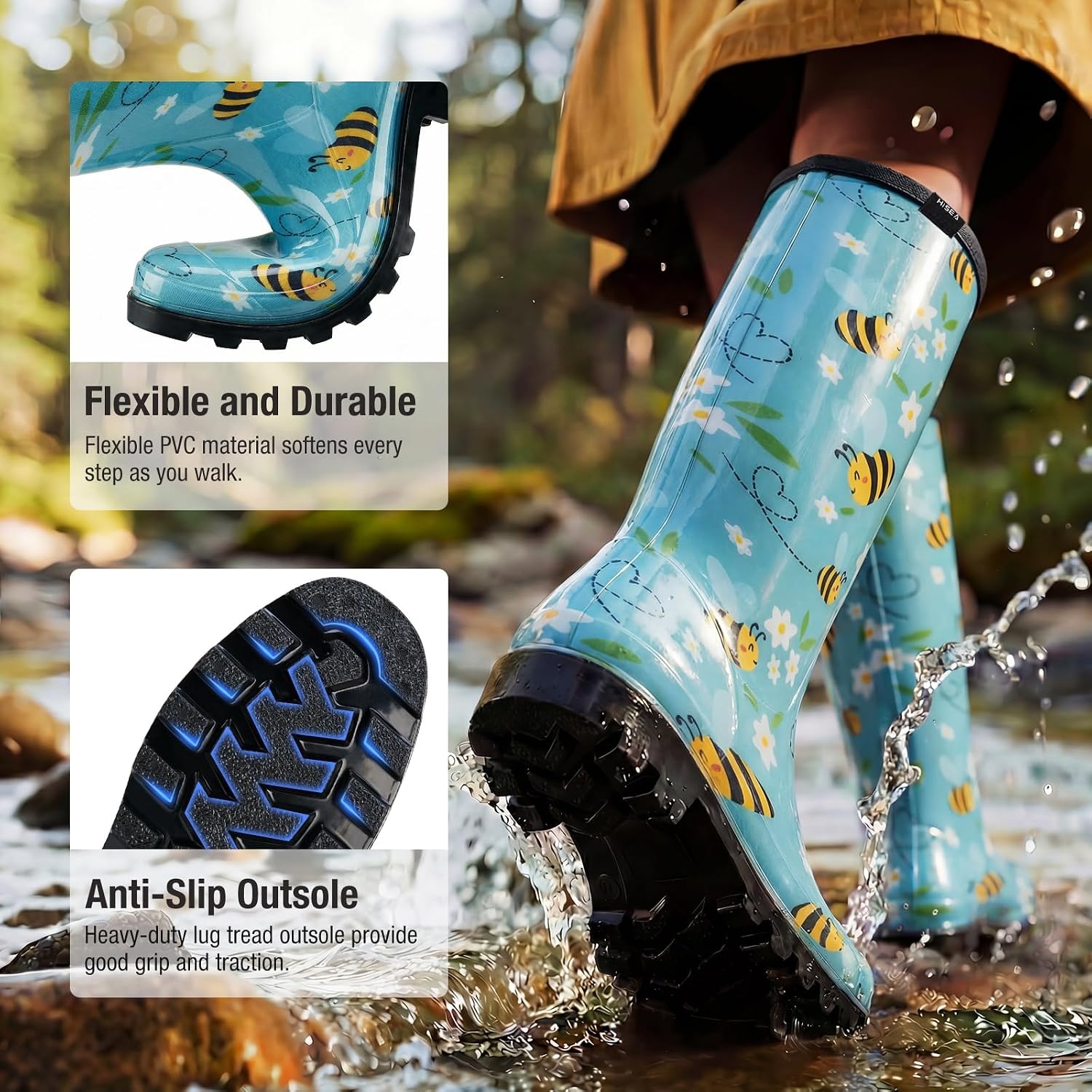 image:imageHISEA Womens Tall Rain Boots Waterproof Garden Boots Fashion Print Rubber PVC Rainboots For Ladies AntiSlip Knee High Mud Boots for Outdoor Gardening Farm Yard Work Slim Calf amp Wide CalfBee Print Light Blue