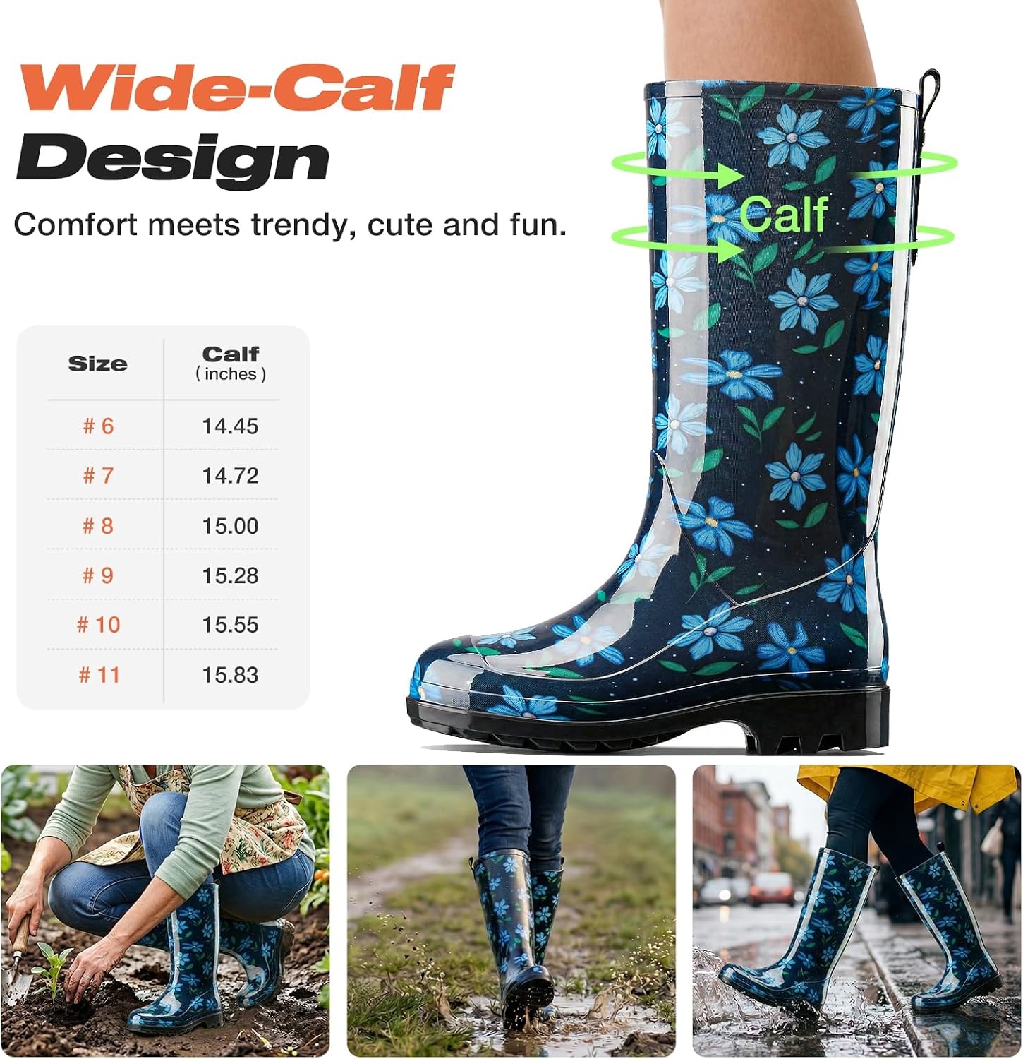 image:imageHISEA Womens Tall Rain Boots Waterproof Garden Boots Fashion Print Rubber PVC Rainboots For Ladies AntiSlip Knee High Mud Boots for Outdoor Gardening Farm Yard Work Slim Calf amp Wide CalfBlue Flower Wide