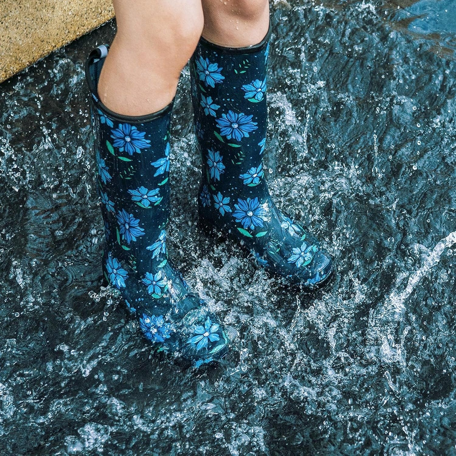 image:imageHISEA Womens Tall Rain Boots Waterproof Garden Boots Fashion Print Rubber PVC Rainboots For Ladies AntiSlip Knee High Mud Boots for Outdoor Gardening Farm Yard Work Slim Calf amp Wide CalfBlue Flower