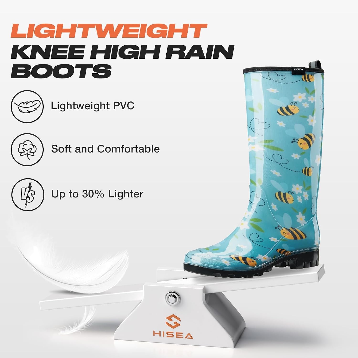 image:imageHISEA Womens Tall Rain Boots Waterproof Garden Boots Fashion Print Rubber PVC Rainboots For Ladies AntiSlip Knee High Mud Boots for Outdoor Gardening Farm Yard Work Slim Calf amp Wide CalfBee Print Light Blue