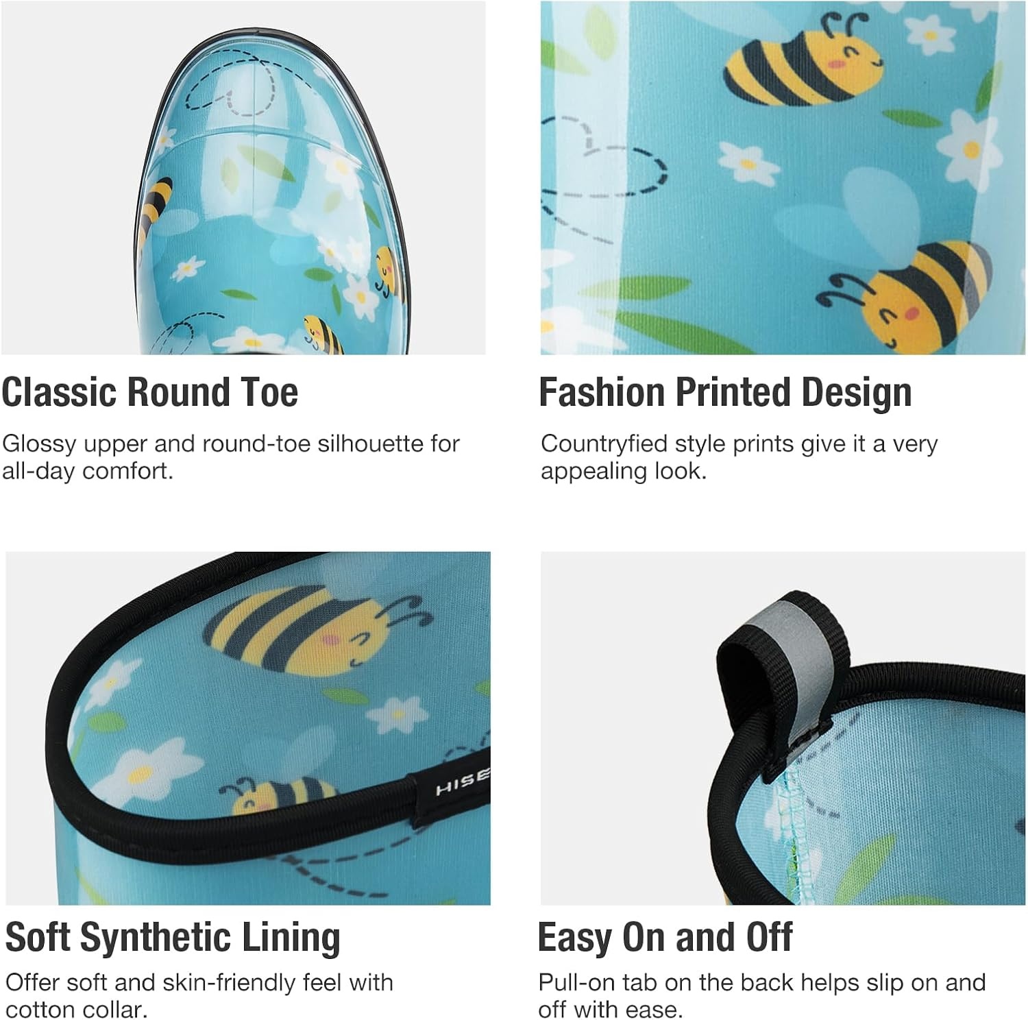 image:imageHISEA Womens Tall Rain Boots Waterproof Garden Boots Fashion Print Rubber PVC Rainboots For Ladies AntiSlip Knee High Mud Boots for Outdoor Gardening Farm Yard Work Slim Calf amp Wide CalfBee Print Light Blue